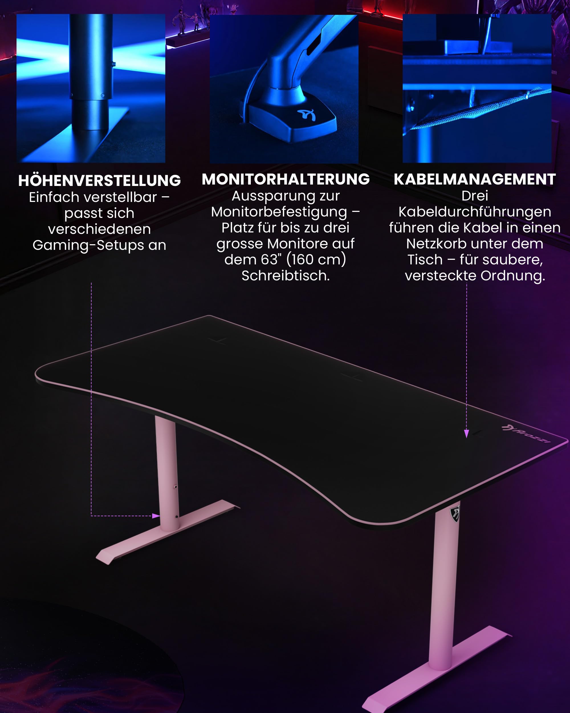 Arozzi Arena Gaming Table - Large 160 x 82 cm - Faltbar - Microfibre Pad - Stabile Stahlbeine - Rosa - Dettaglio