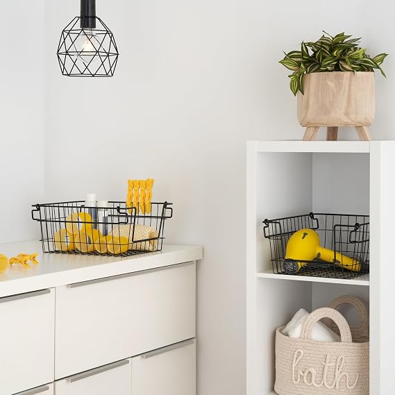 TRINITY Set of 2 11 Stackable Metal Wire Storage Baskets w Handles, Black
