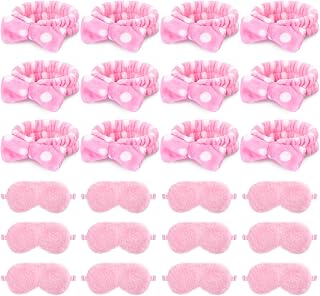 24 Pieces Sleepover Party Favors Spa Headband Sleep Eye Mask Bulk Pink Headband for Washing Face Bow Makeup Eye Mask for Spa Birthday, Bachelorette Party, Slumber Wedding