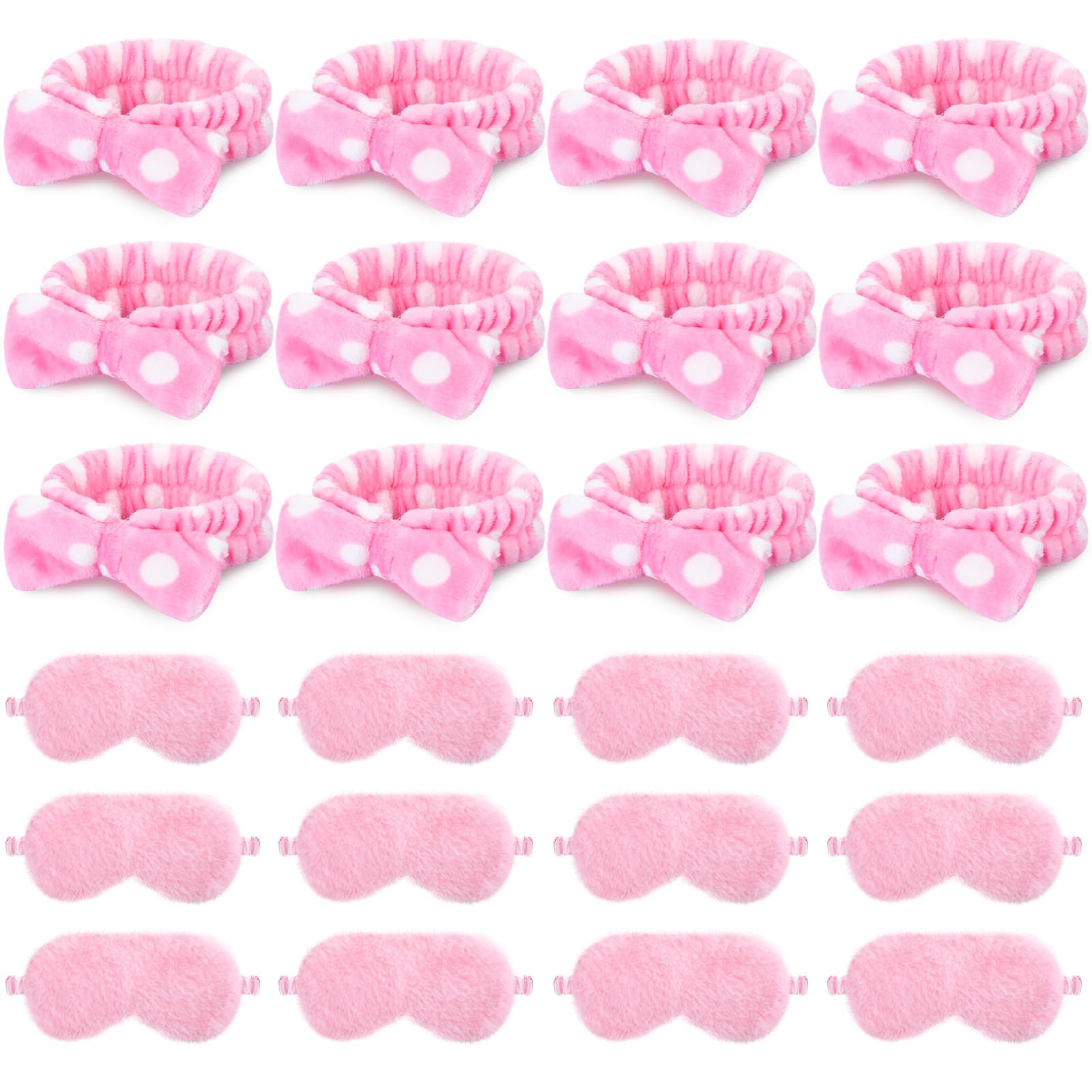 24 Pieces Sleepover Party Favors Spa Headband Sleep Eye Mask Bulk Pink Headband for Washing Face Bow Makeup Eye Mask for Spa Birthday, Bachelorette