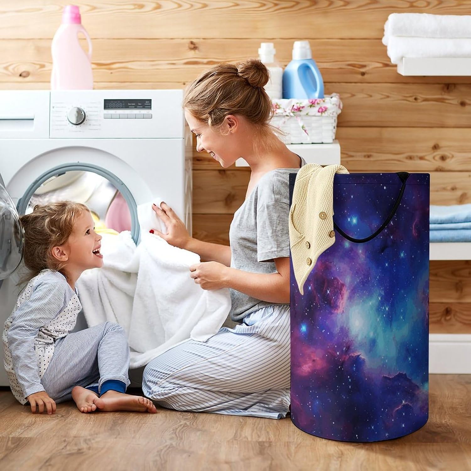 Galaxy Laundry Hamper with Handles Waterproof Collapsible Laundry Basket Large Lightweight Round Dirty Clothes Hamper for Home Dorm Bathroom Decor
