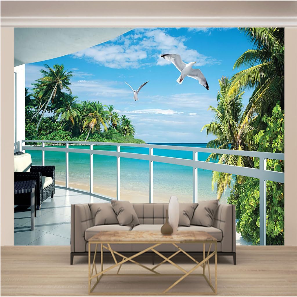 Trompe l'oeil panoramique image maison mer en papier peint intissé