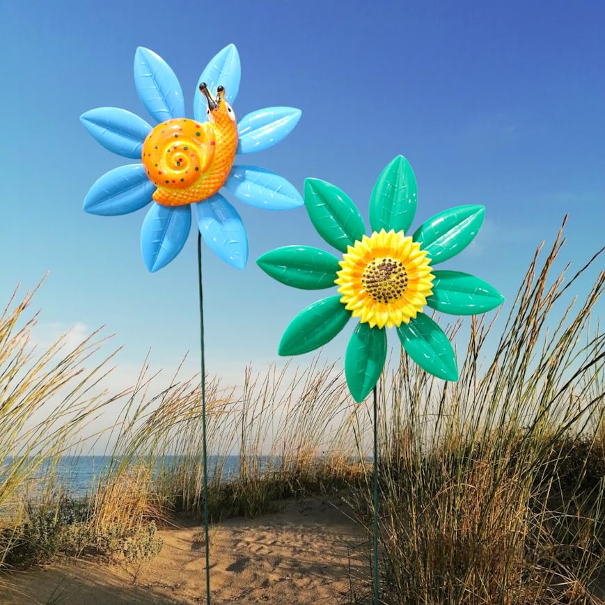PVC & Metal Colourful Flowers Set of 2 Garden Decoration Outdoor Sticks Lawn Decor, Garden Decor, Outdoor Decor Stick (Sunflower Green & Blue)
