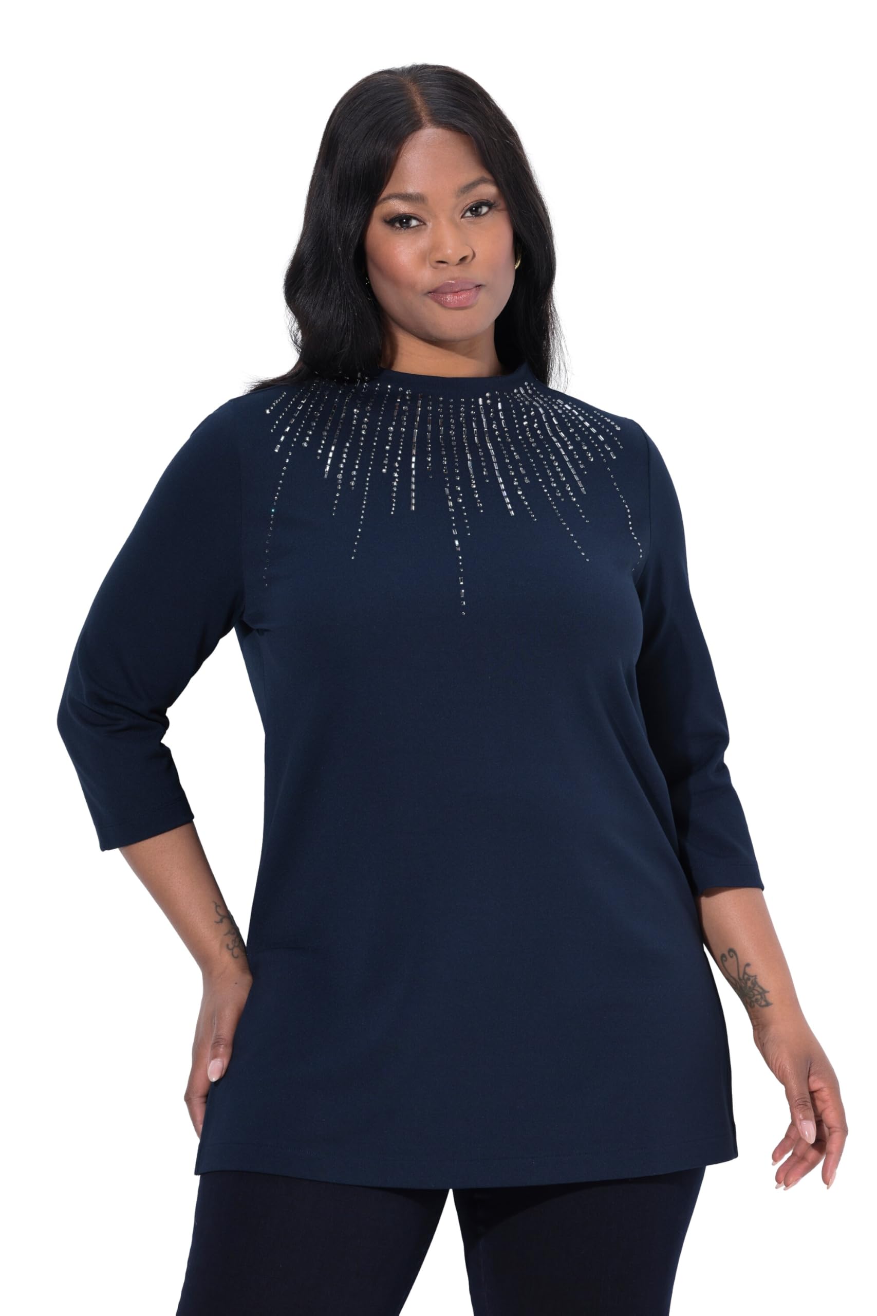 Ulla Popken Damen große Größen Übergrößen Plus Size Sweatshirt, Ziersteine, A-Linie, Stehkragen, Langarm 834710