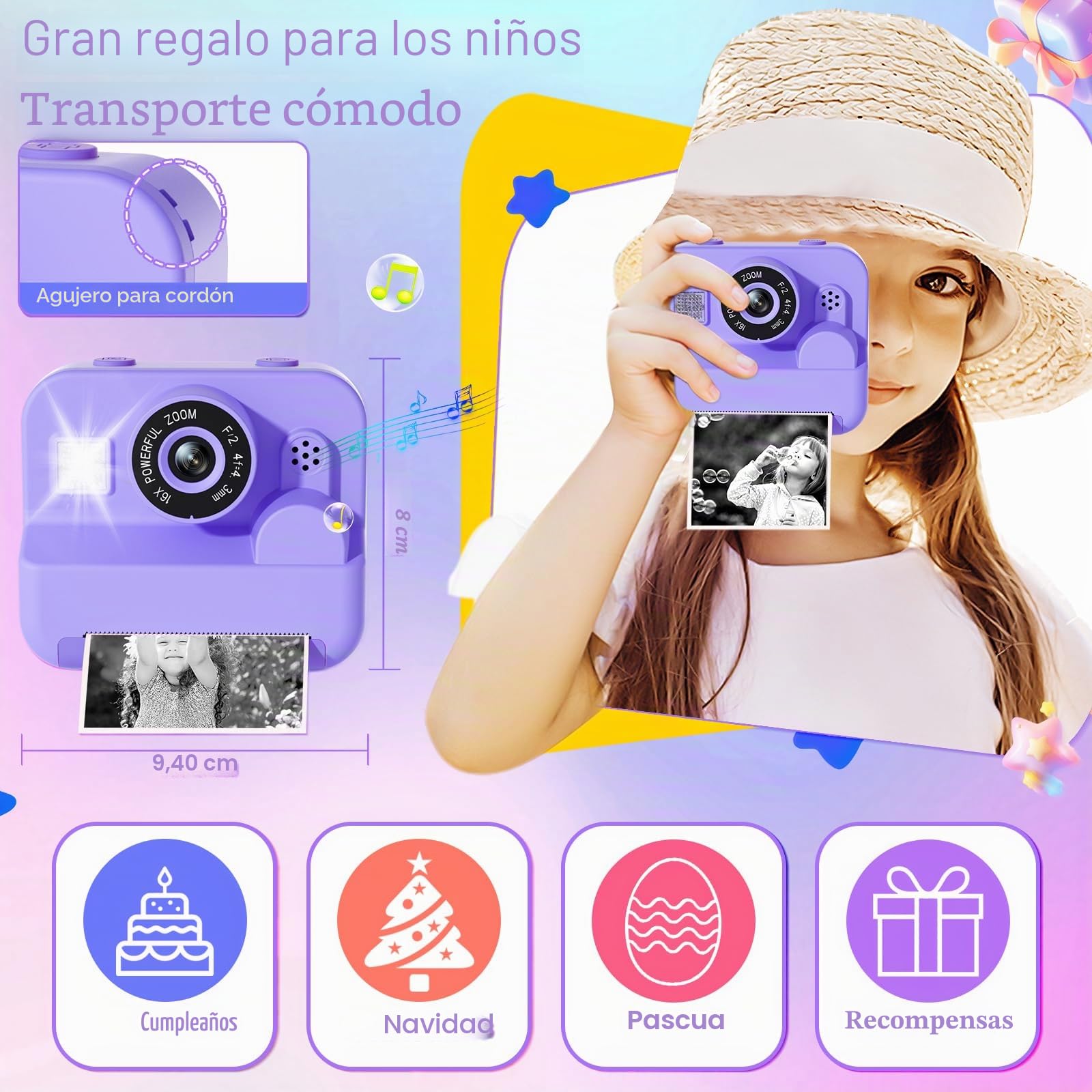 GKTZ Cámara de Fotos Instantáneas - Doble Cámara Fotos Infantil con Papel de Impresión y Tarjeta SD de 32G, Regalo para Niños de 3 a 14 años (Morado)