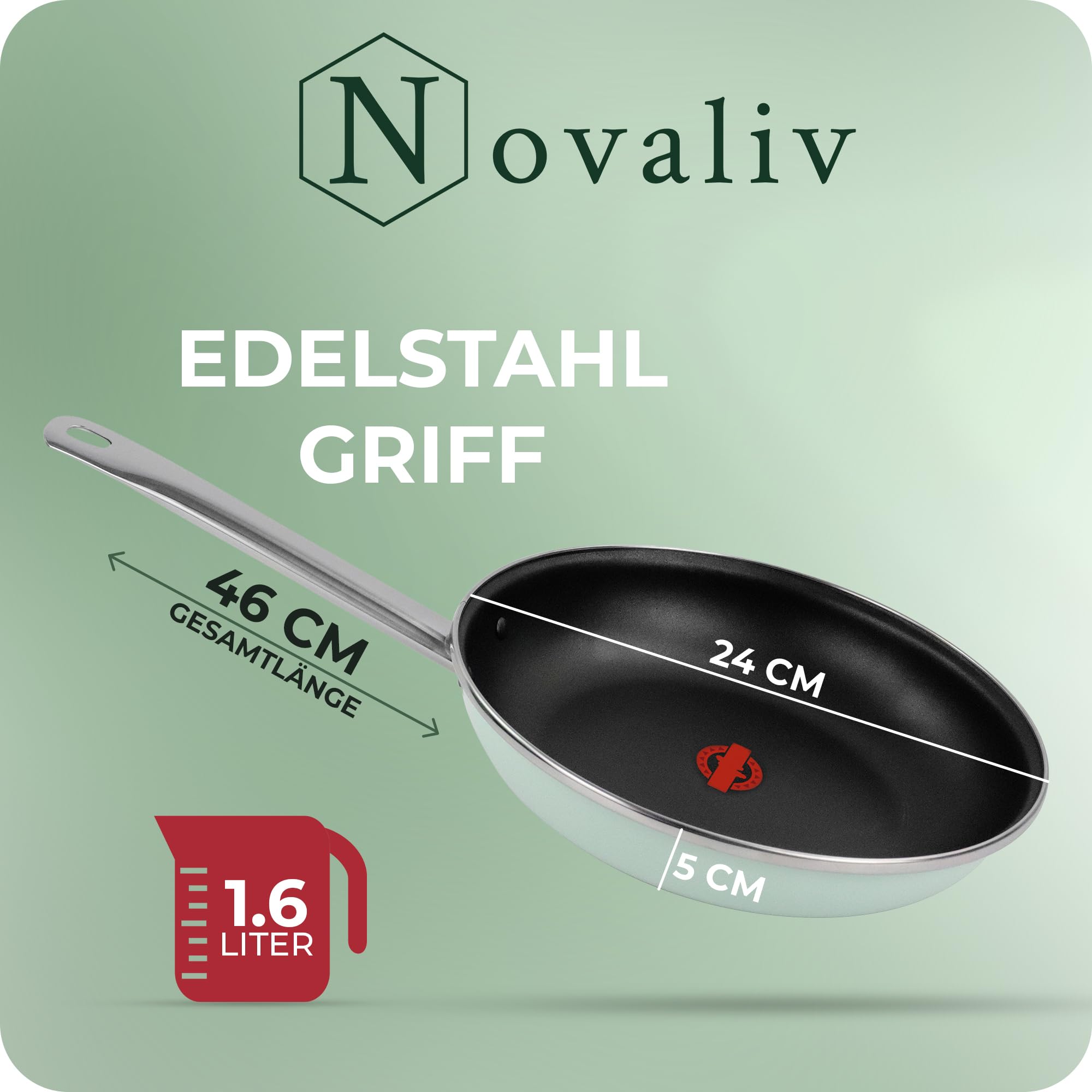 Novaliv Patelnia energooszczędna 24 cm, oszczędność do 40% – stal emaliowana, powłoka zapobiegająca przywieraniu wewnątrz, bardzo łatwa do czyszczenia, miętowo-zielona patelnia do wszystkich rodzajów