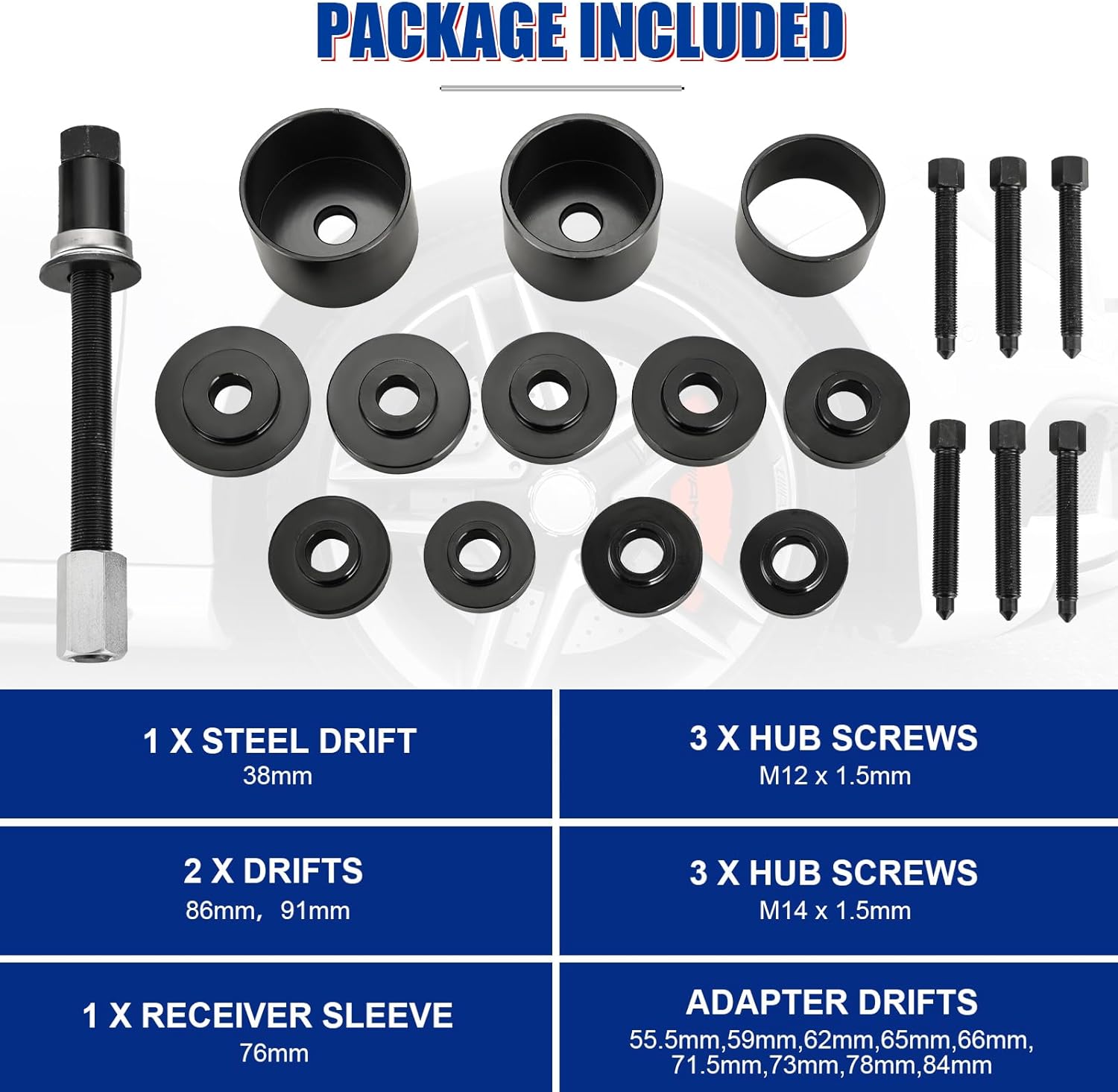 19pcs Front Wheel Drive Bearing Removal Installation Service Tool Kit, Wheel Bearing Removal Kit, Bearing Removal Install Adapter Puller Pulley Service Tool Kit