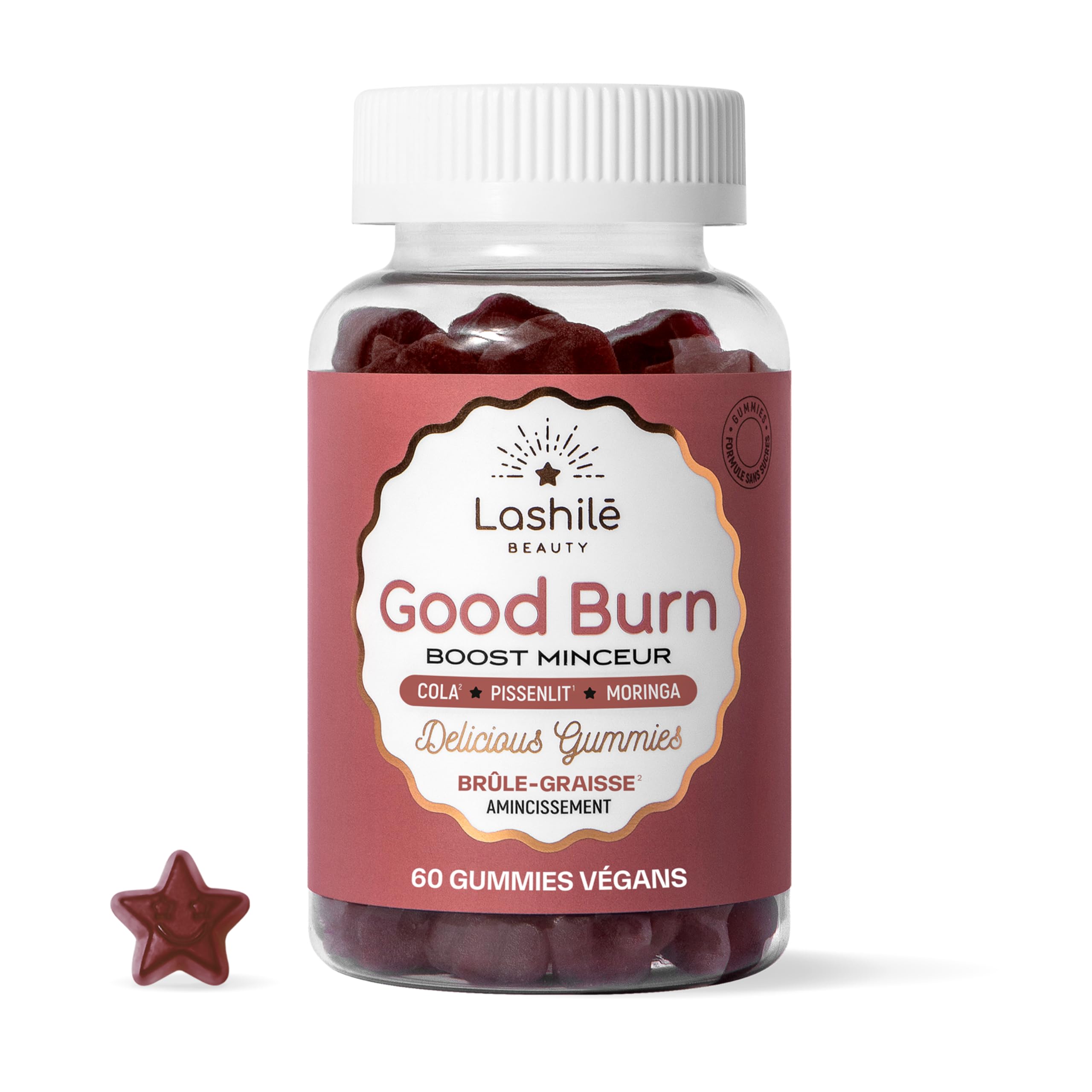 Lashilé Beauty - Gummies Brûle Graisses - Combustion des Graisses et perte de poid puissant - Good Burn - Complément alimentaire Minceur - Cola, Pissenlit, Moringa - Cure 1 Mois - 60 Gummies