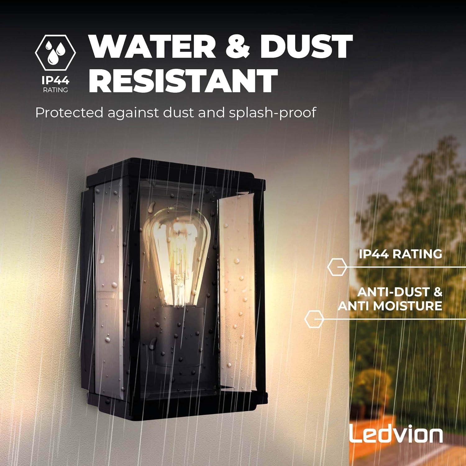 Ledvion Lyra wall light in a rainy environment, illustrating its IP44 water and dust resistant rating.
