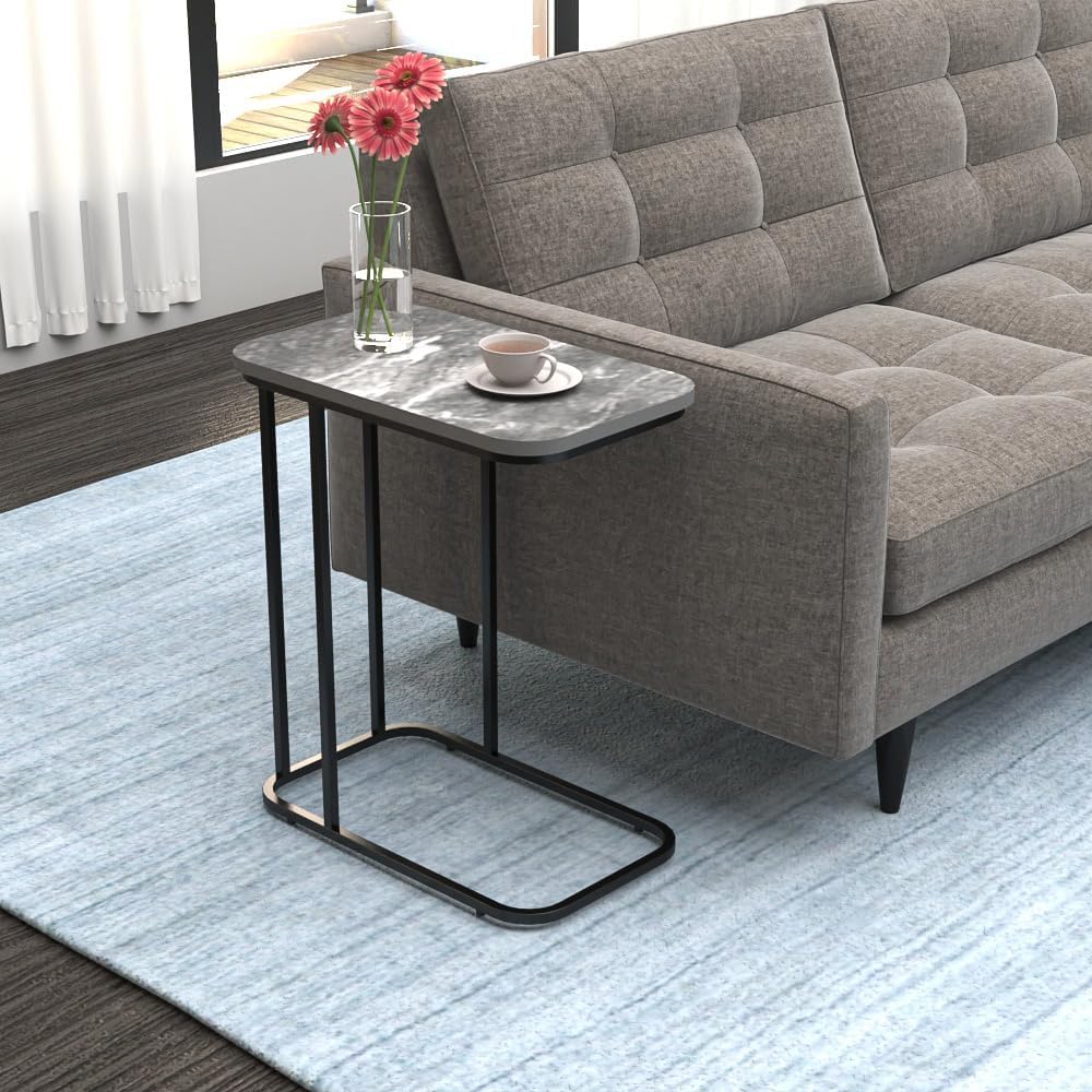 Sofa Side Table or Bed Side Stand (Grey Marble Top Finish on Engineered Wood with Golden Stand) (Grey Marble Top Finish with Black Stand)-image-26