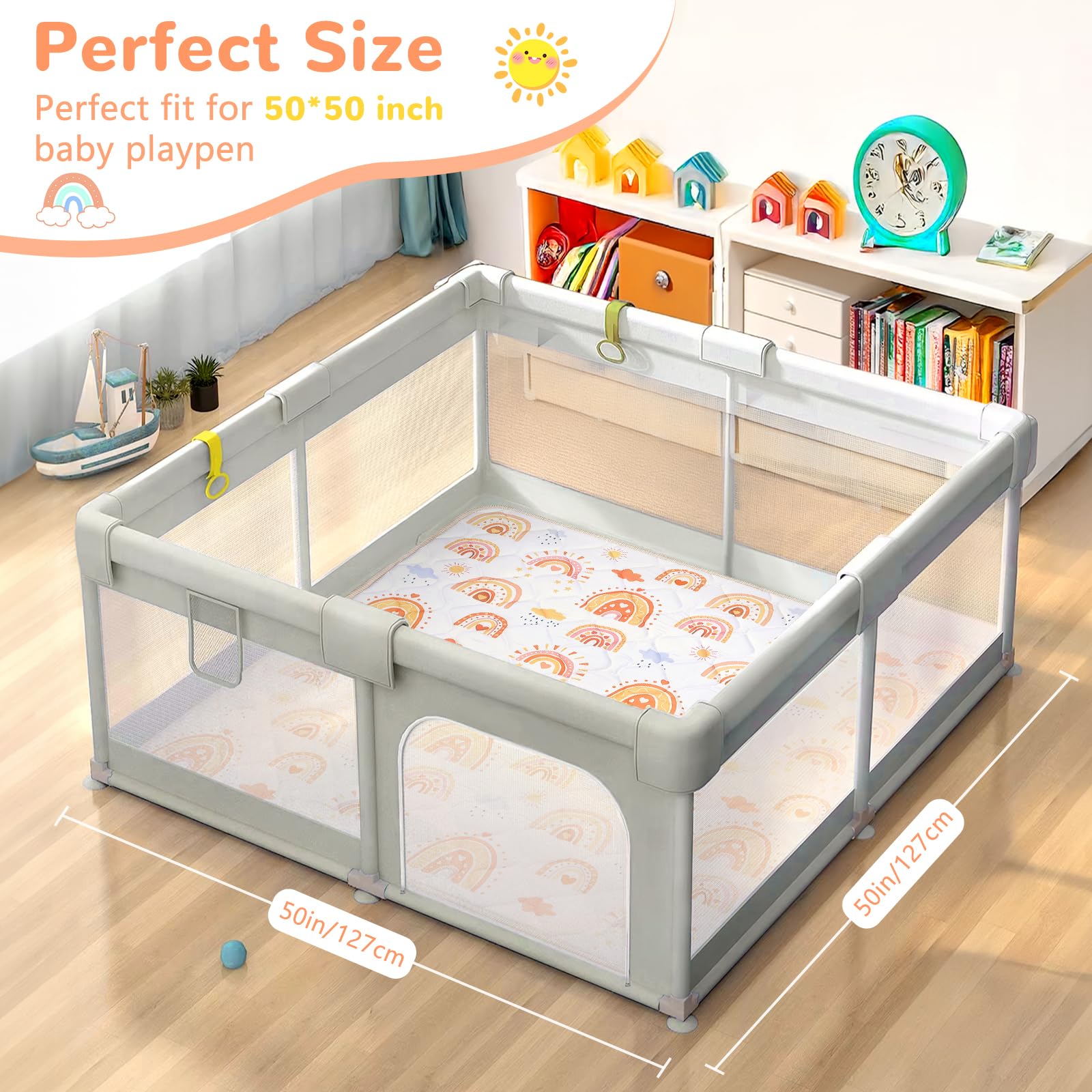 Baby Play Mat for Floor 127x127 cm,Thick Playmats for Babies Kids Toddler,Soft Non-Slip Mat for Crawling & Playing,Machine Washable Portable Playpen Mat Pad for Tummy Time (Boho Rainbow) - Image 2