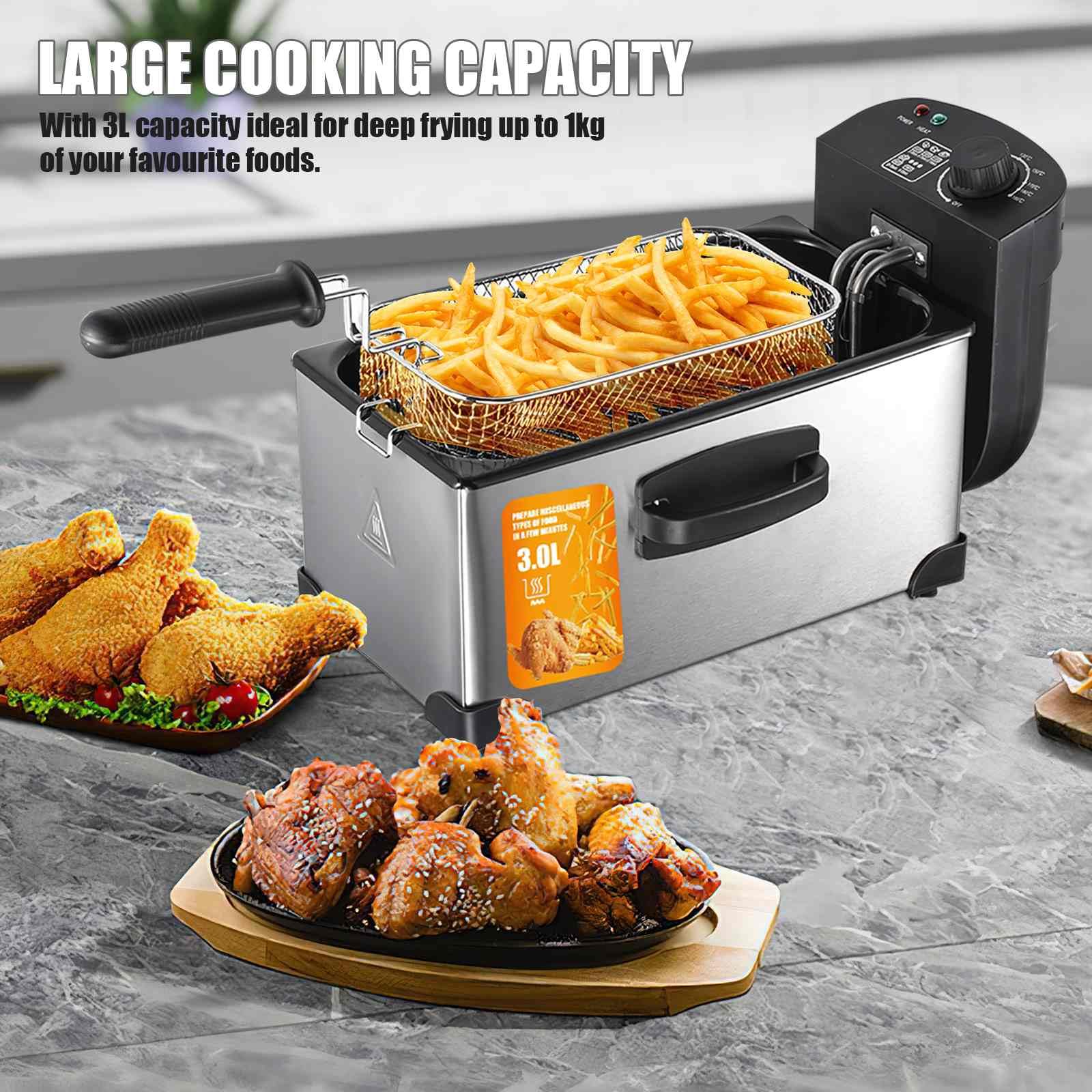 Friggitrice ad olio da 6 l, friggitrice elettrica con cestino incluso, 2200, potenza di 2200 W, potenza 2200 W, temperatura regolabile 200 °C, corpo in acciaio inox resistente, uso domestico e