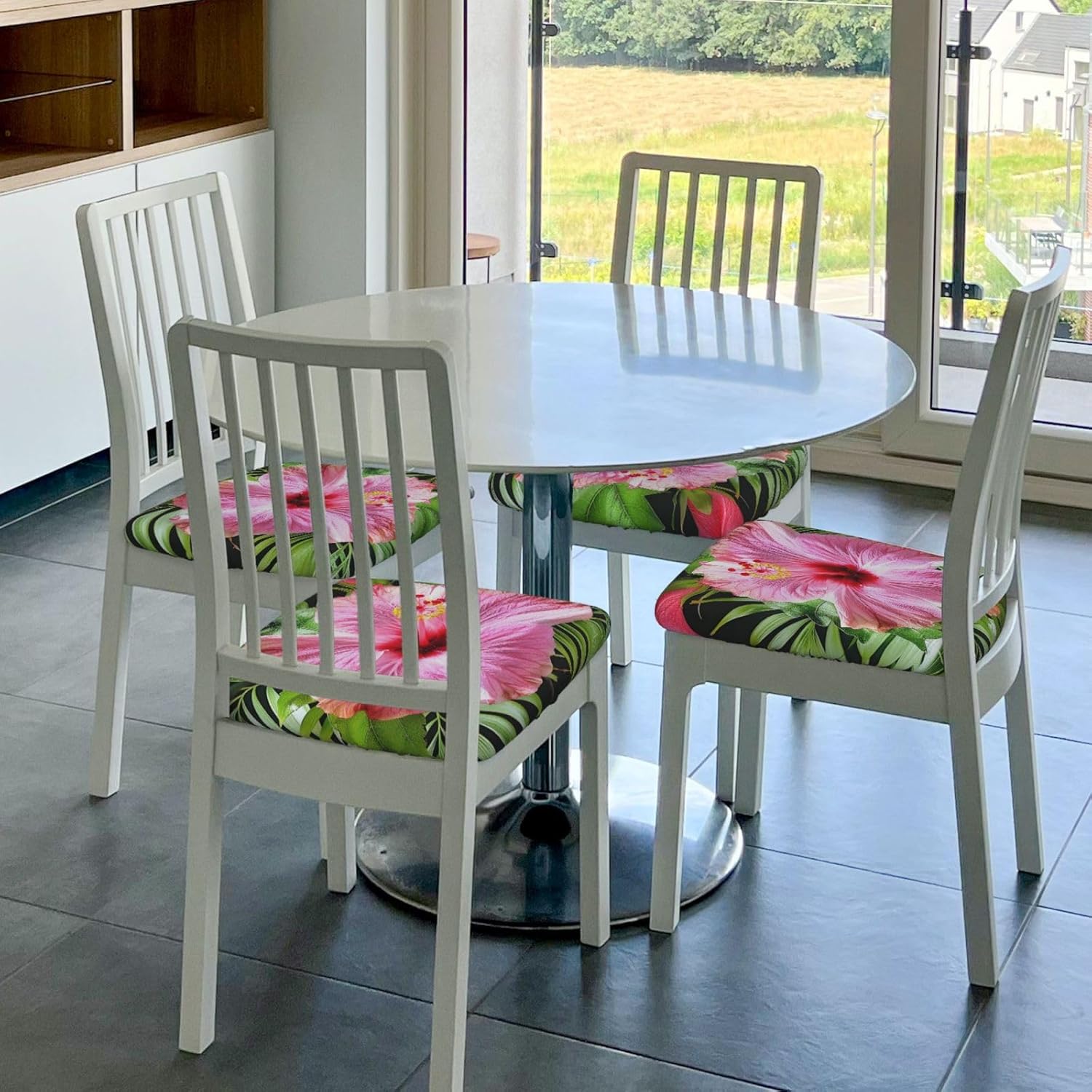 Hibiscus Flower Print Square Cushion Covers 6 Pcs Set Elastic Non-Slip Seat Cushion Slipcovers Pet Furniture Protectors for Chair, Sofa