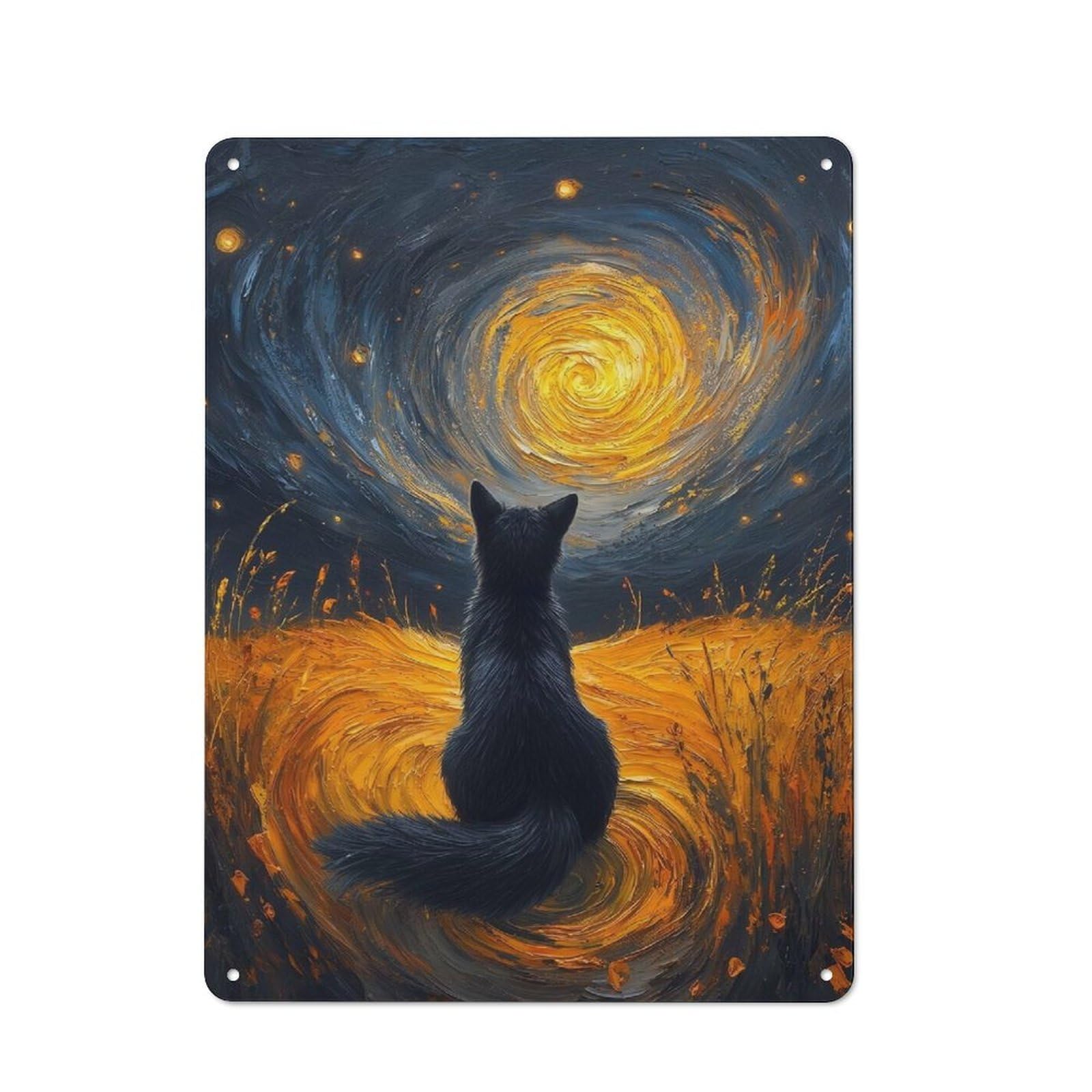 Junmoney Style-7 Black Cat Gazing At Swirling Sky Vintage Metal Wall Decor 40X30cm, Vintage Metal Sign For Cafe, Bistro, Bakery Or Restaurant