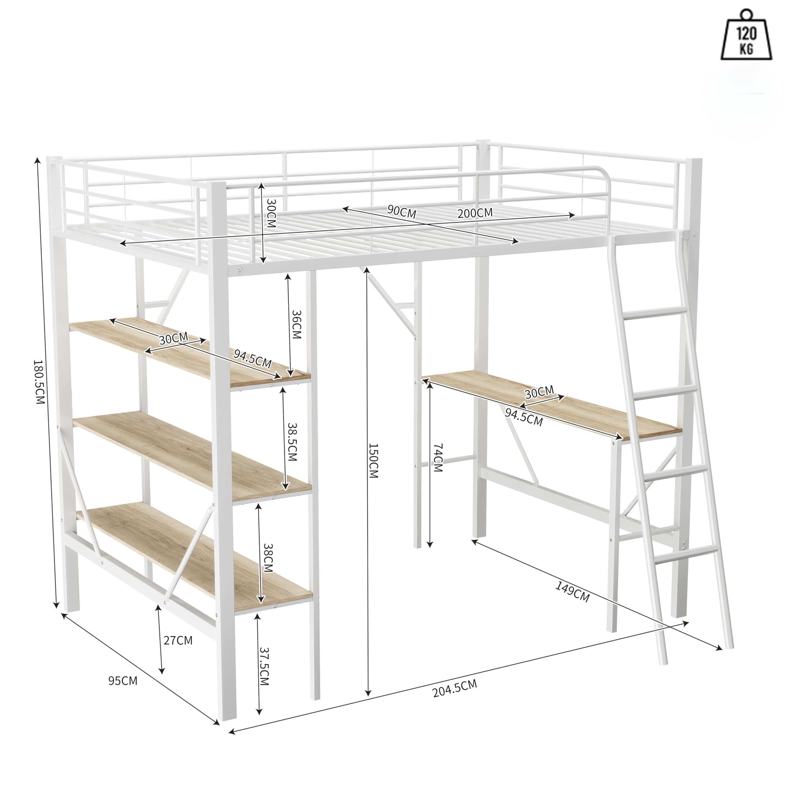 Łóżko na poddaszu 1-osobowe 90 x 200 cm Biała struktura Spanie z dużym biurkiem Półki Do Przechowywania Drabina Podłoże W zestawie Metalowy Bez Materac do Sypialni Nastolatków