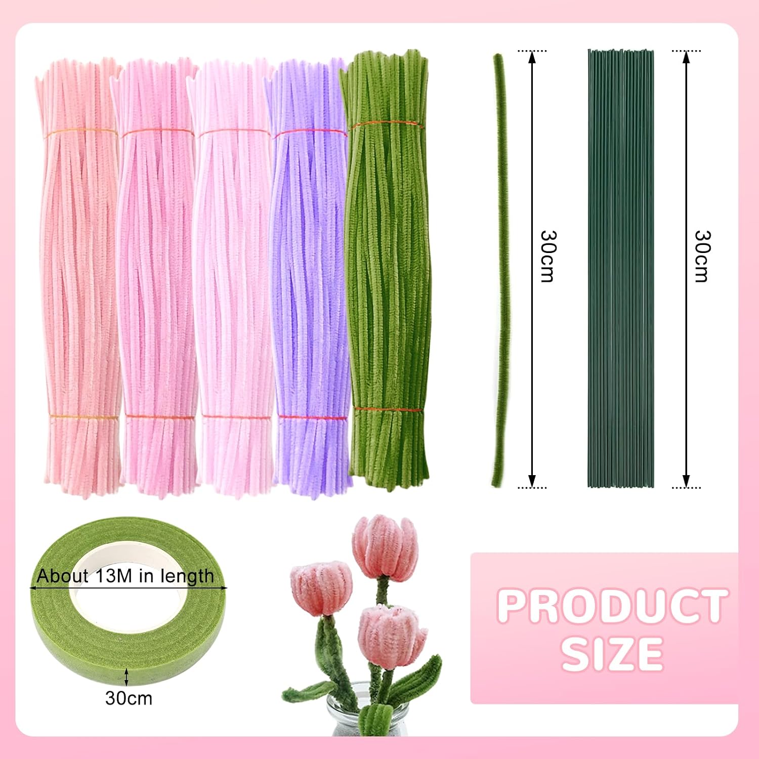 500 Pcs Pipe Cleaners Craft Kit 5 Colors Pipe Cleaner Bulk 20 Flower Stems DIY Bouquet Flower Making Supplies Set for Parent-Child Interaction Arts Crafts Gifts