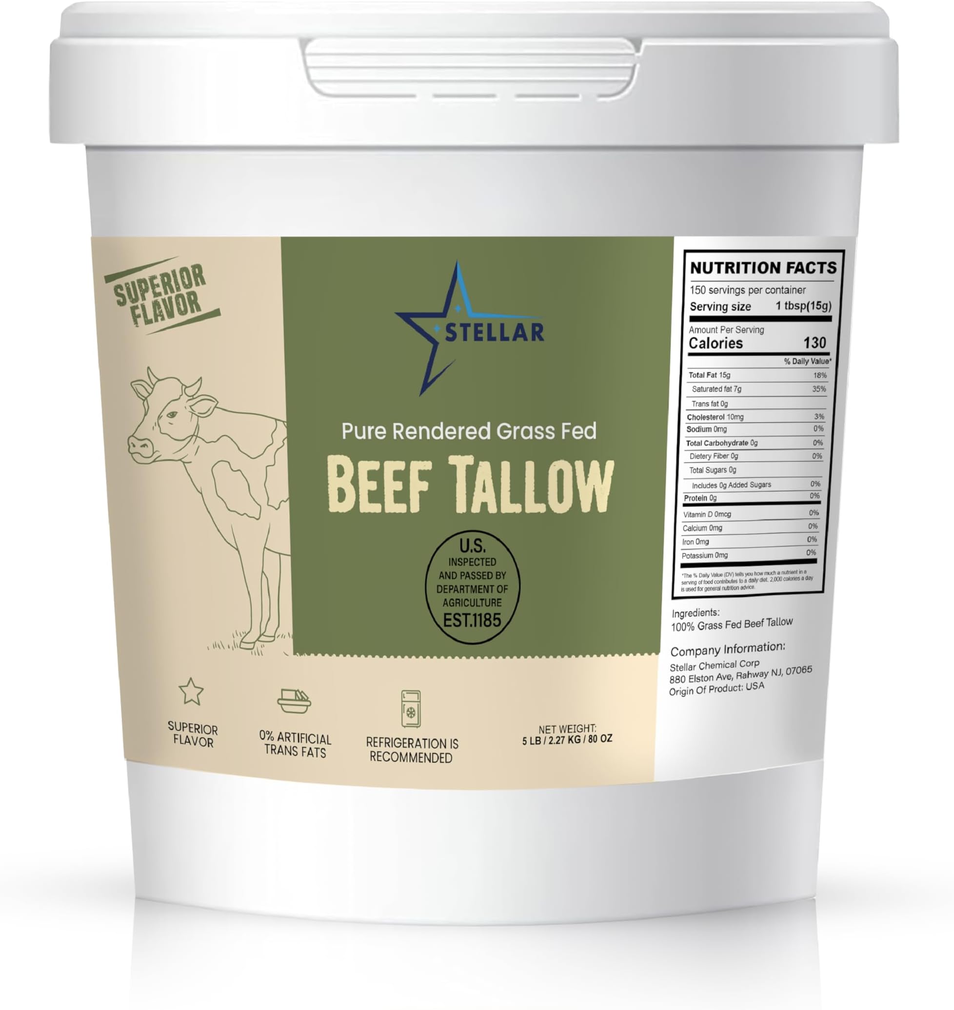 Stellar Beef Tallow 100% Grass-Fed & Finished - Good for Cooking, Baking and Frying - Food Grade (5 lb)