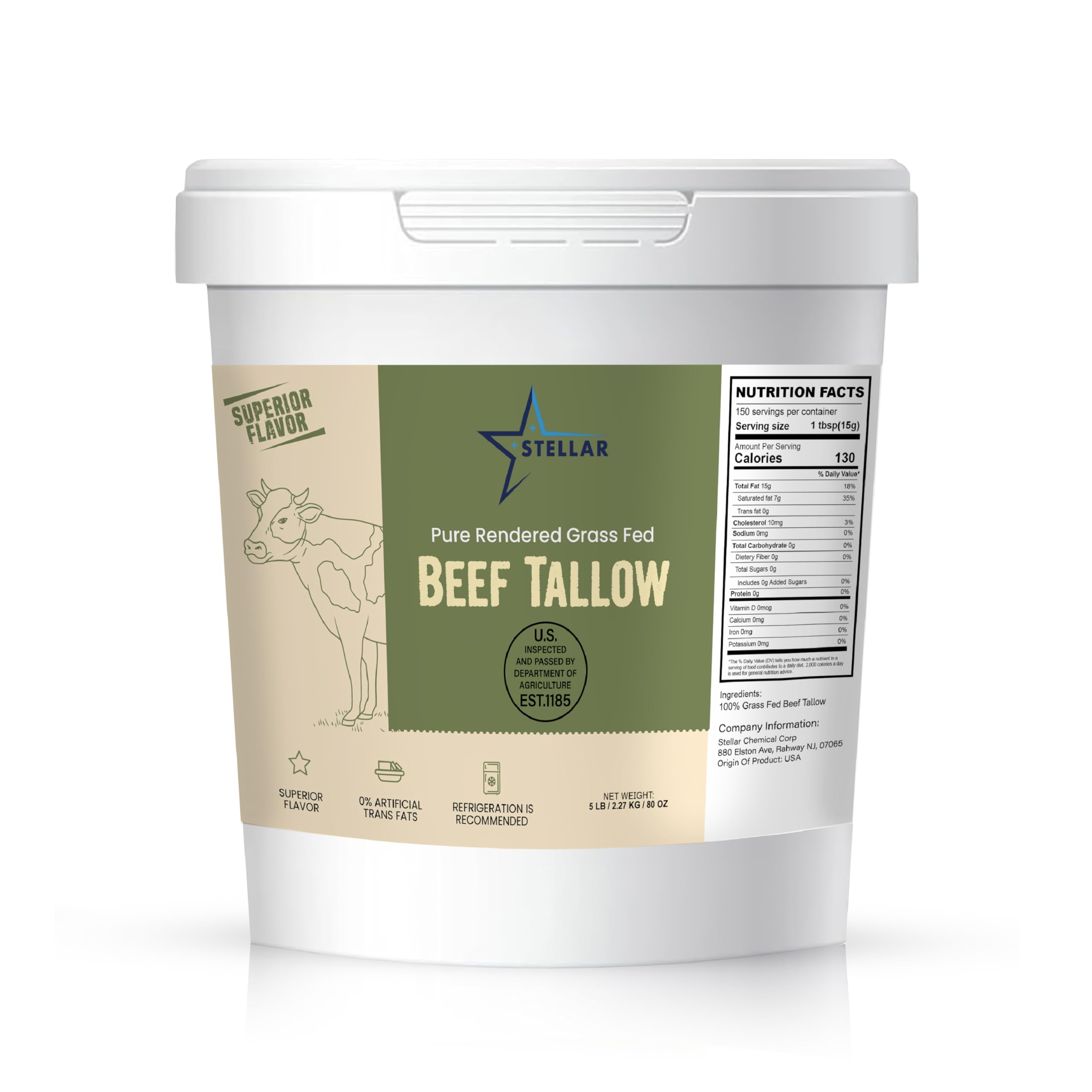 Stellar Beef Tallow 100% Grass-Fed & Finished - Good for Cooking, Baking and Frying - Food Grade (5 lb)