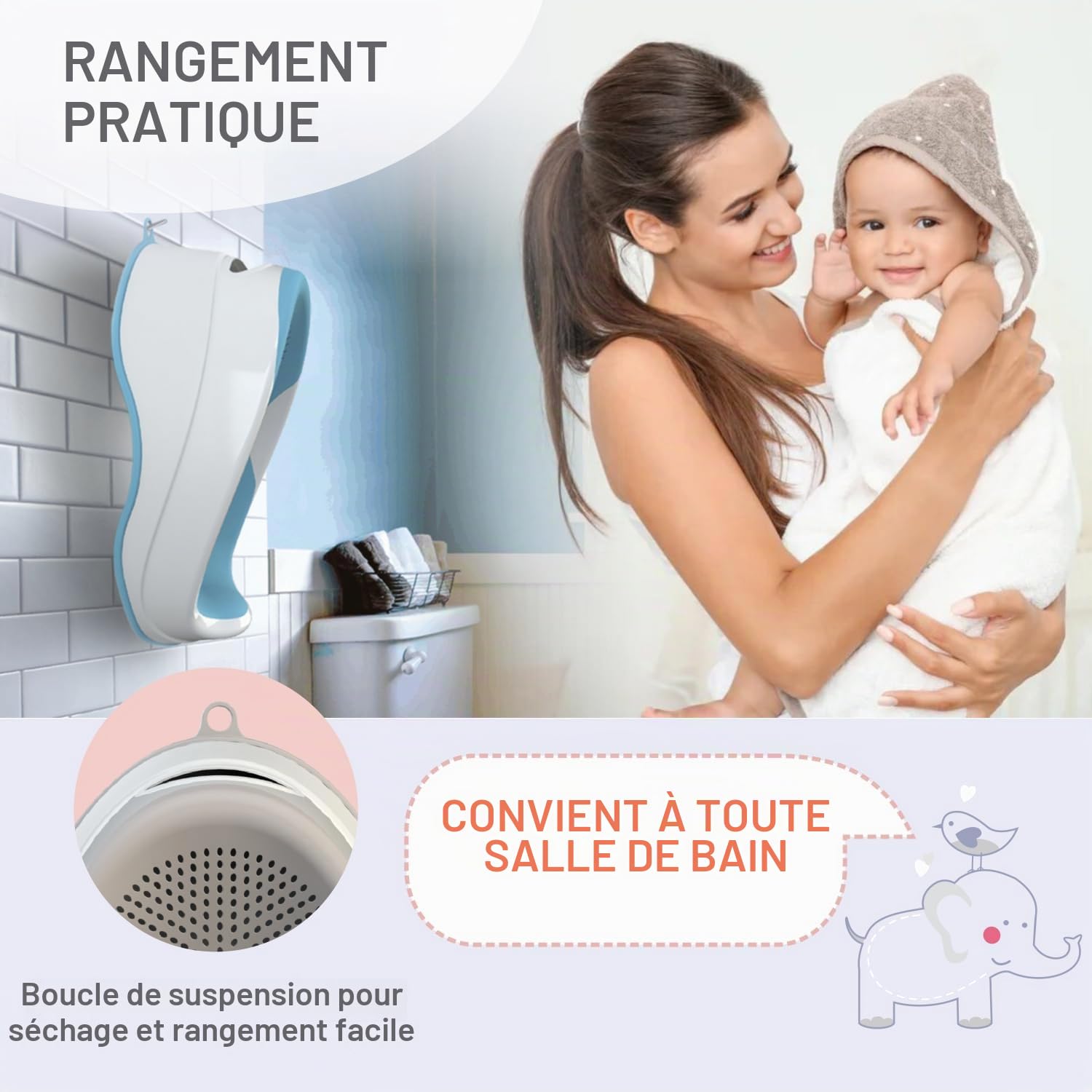 BABYLON Dolphin Transat de bain pour bebe 0-6 Mois, Antidérapant, Gris