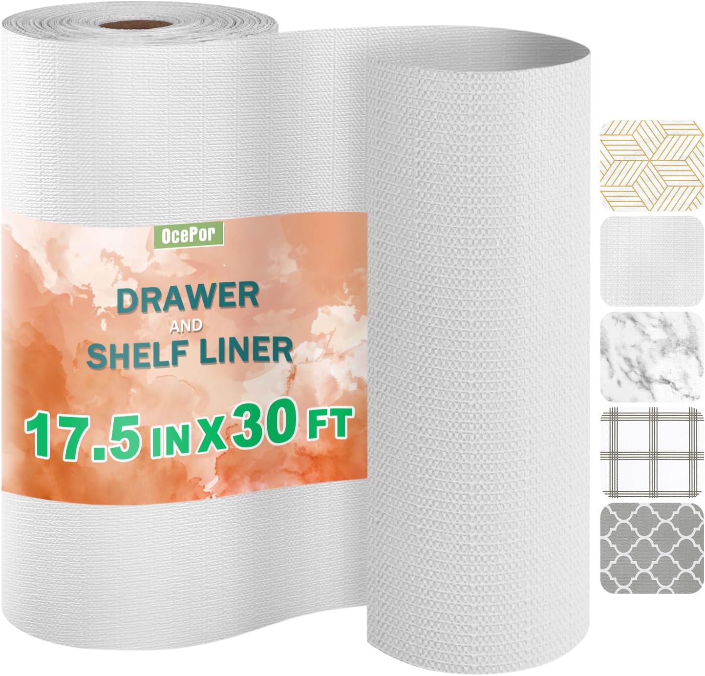 OcePor Non-Adhesive Drawer and Shelf Liner 17.5IN x 30FT,Non Slip Cabinet and Cupboard Liner, Kitchen Cabinet Liners for Shelves, Waterproof Drawer Shelf Liners for Cabinets/Bathroom Cupboard, White