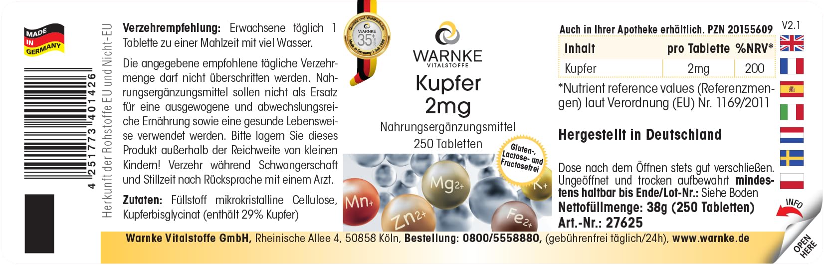 Rame 2mg - 250 compresse, ciascuna contenente 2mg - Bisglicinato di rame - ALTO DOSAGGIO - Qualità farmaceutica tedesca - vegano | Warnke Vitalstoffe