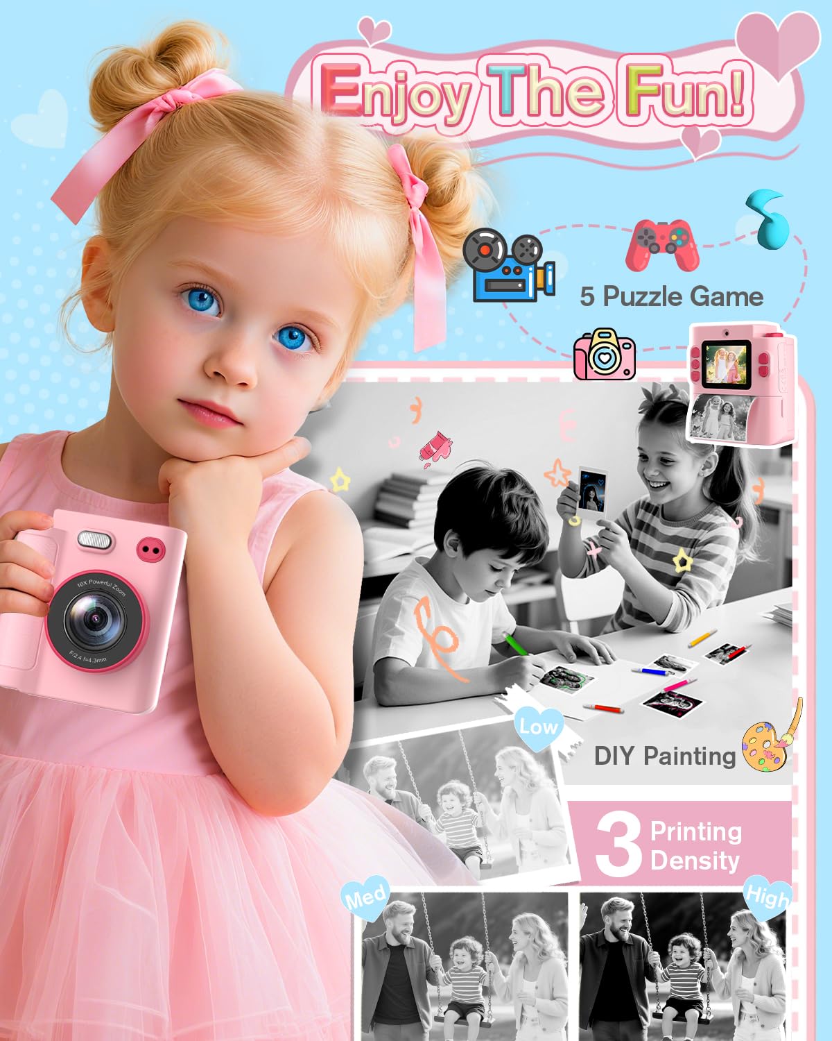 Sofortbildkamera Kinder, 1080P HD Kinderkamera Sofortbildkamera mit 32GB Karte & DruckerPapier, Kinderspielzeug Geburtstag und Weihnachten Geschenke für Jungen/Mädchen 3-12 Jahren (Rosa)
