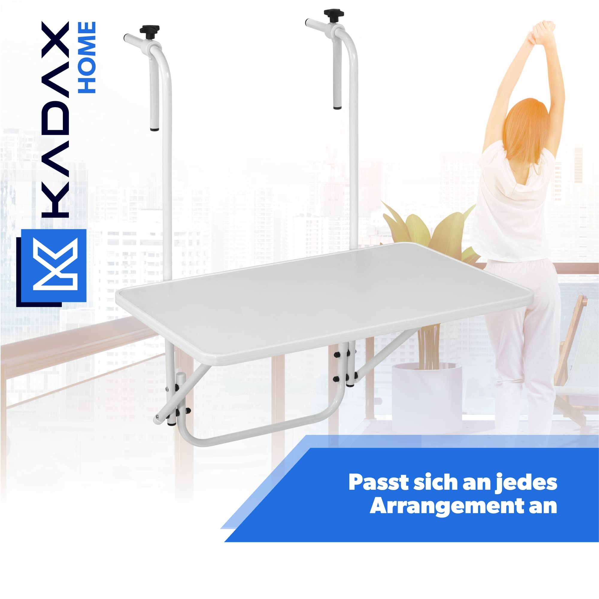 KADAX Hängetisch, Witterungsbeständiger Klapptisch für Balkon, Verstellbarer Balkonhängetisch, Balkontisch zum anhängen, klappbarer Tisch (40 x 60 cm, Weiß)