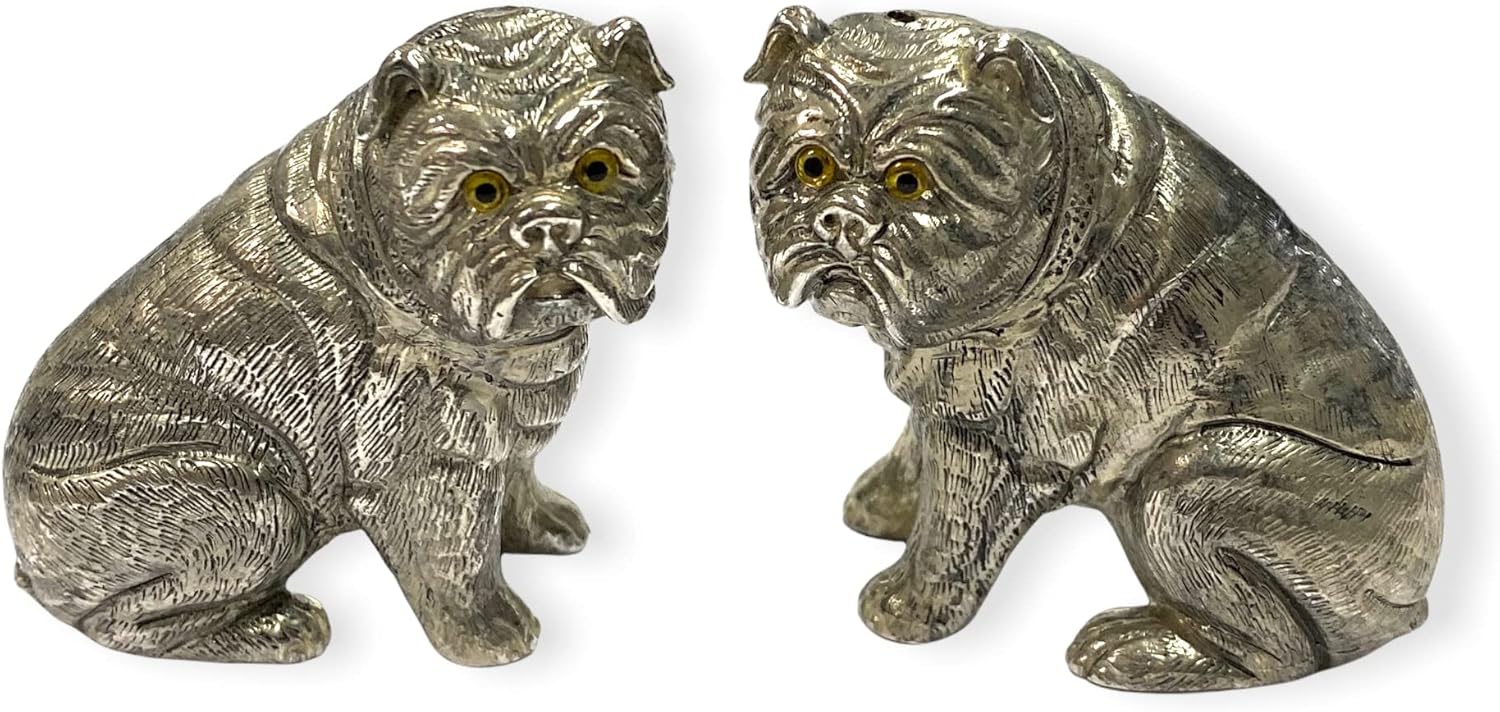 Novelty Style Bulldog Pair with Glass Eyes Salt and Pepper Shaker Pots 925 Silver Plated