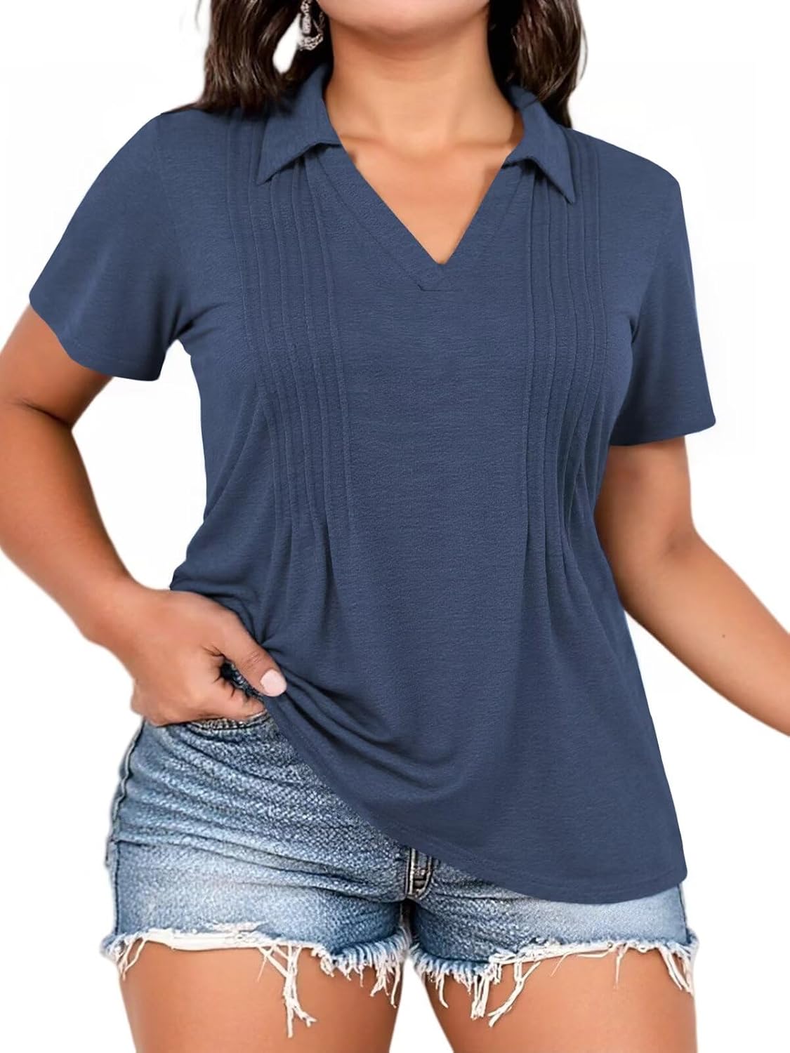 Plus-Size-Summer-Tops for Women Casual Collared V Neck Polo Shirts Business Pleated Tunics Trendy Short Sleeve Blouses - Image 3