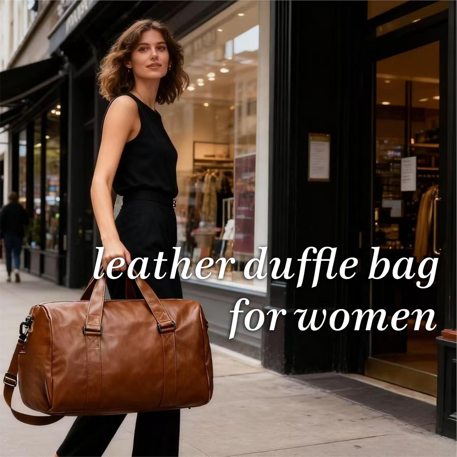 Leather Travel Bag with Shoes Compartment & Wet Pocket, Sports Gym Tote Bag Travel Duffel for Men & Women, Overnight Weekender Bag Waterproof Leather Large Carry On Bag - Image 2