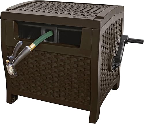 Suncast Slide Trak - Manguera de agua para jardín al aire libre, contenedor de almacenamiento para mangueras de 175 pies de largo con mango lateral