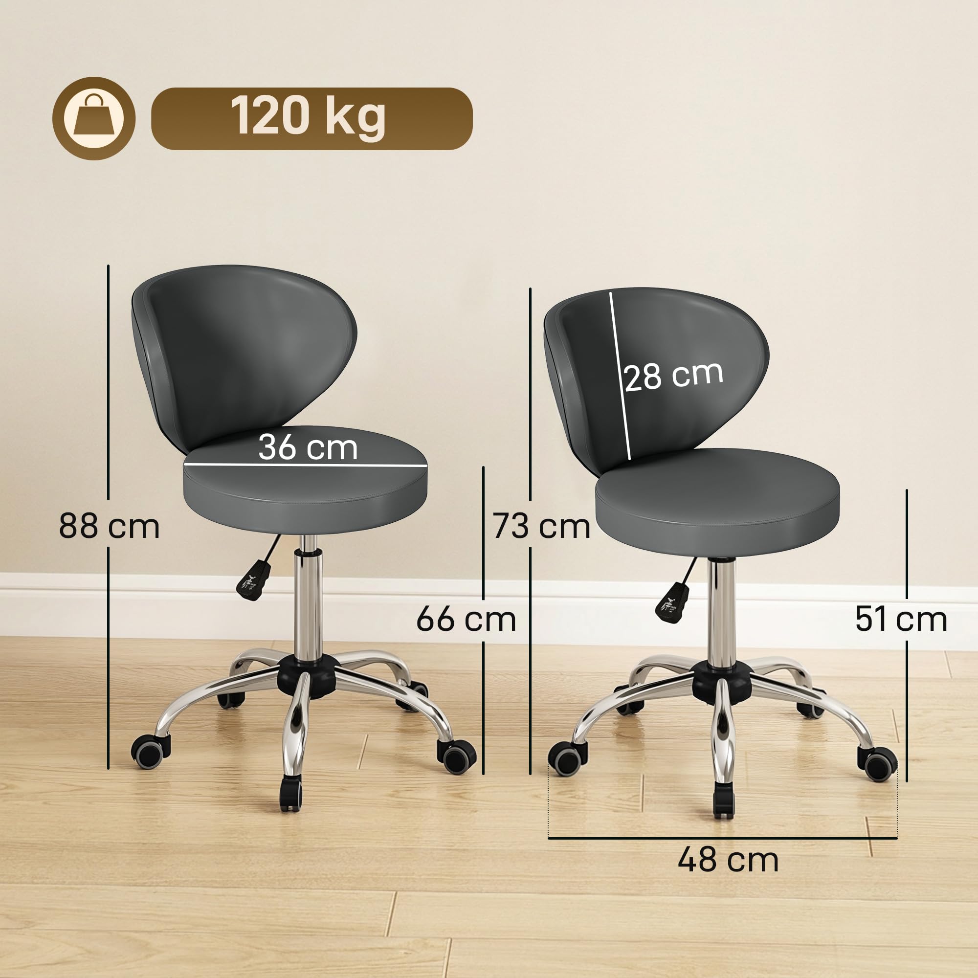 HOMCOM Tabouret à roulettes, Tabouret de Massage en PU avec Hauteur réglable 73-88cm et Dossier, Chaise de Travail pivotant 360°, Cadre en Acier, pour Salon de Massage, Tatouage, Clinique, Spa, Gris