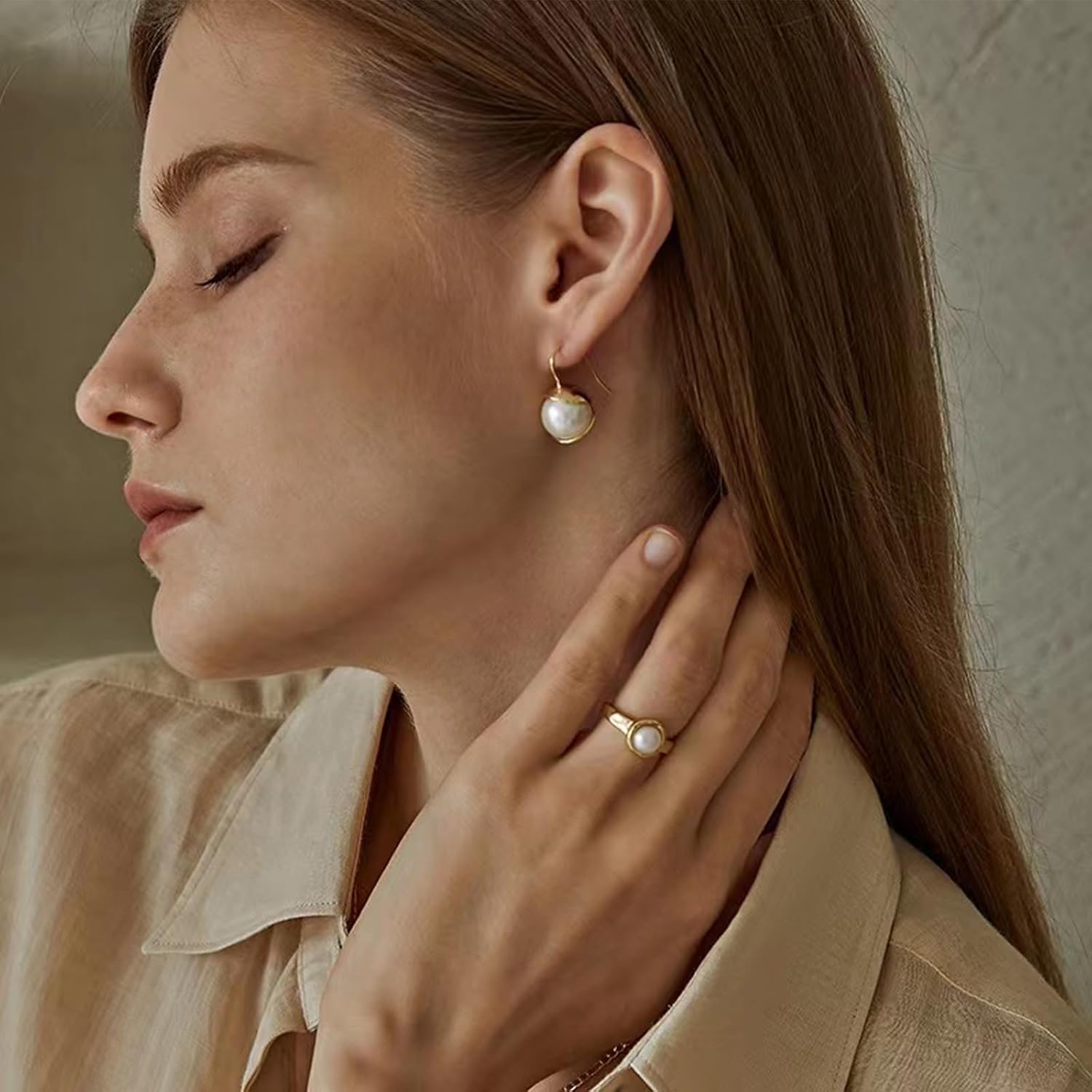 Pearl Ring for Women, 18K Gold Plated Rings for Bride Wedding Engagement Band Birthday Jewelry for Women Fits Sizes 5 to 11 - Image 5