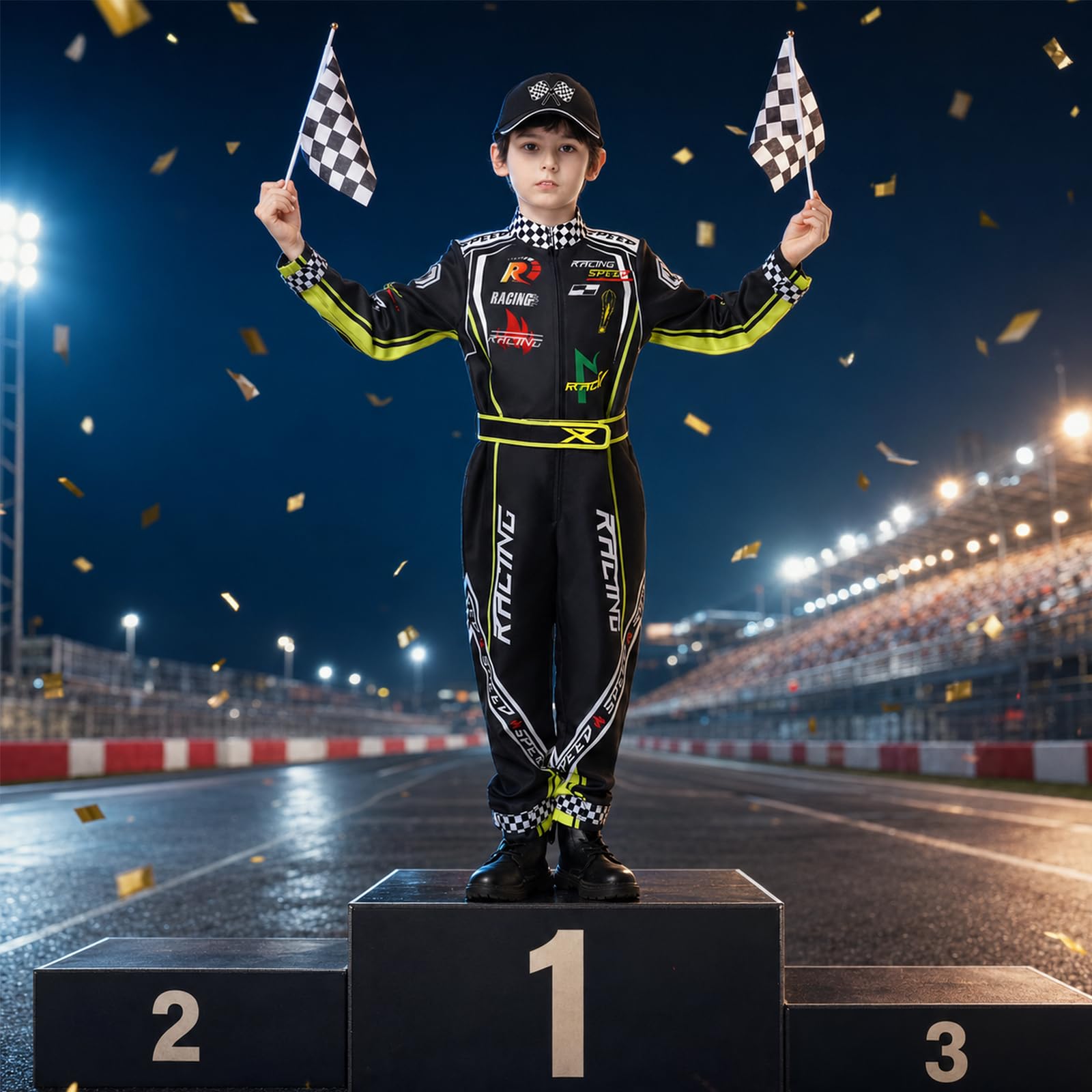 Rennwagenfahrer Kostüm Jungen Racer Overall mit Auto Kappe Kinder verkleiden sich für Halloween (Schwarz, 130)