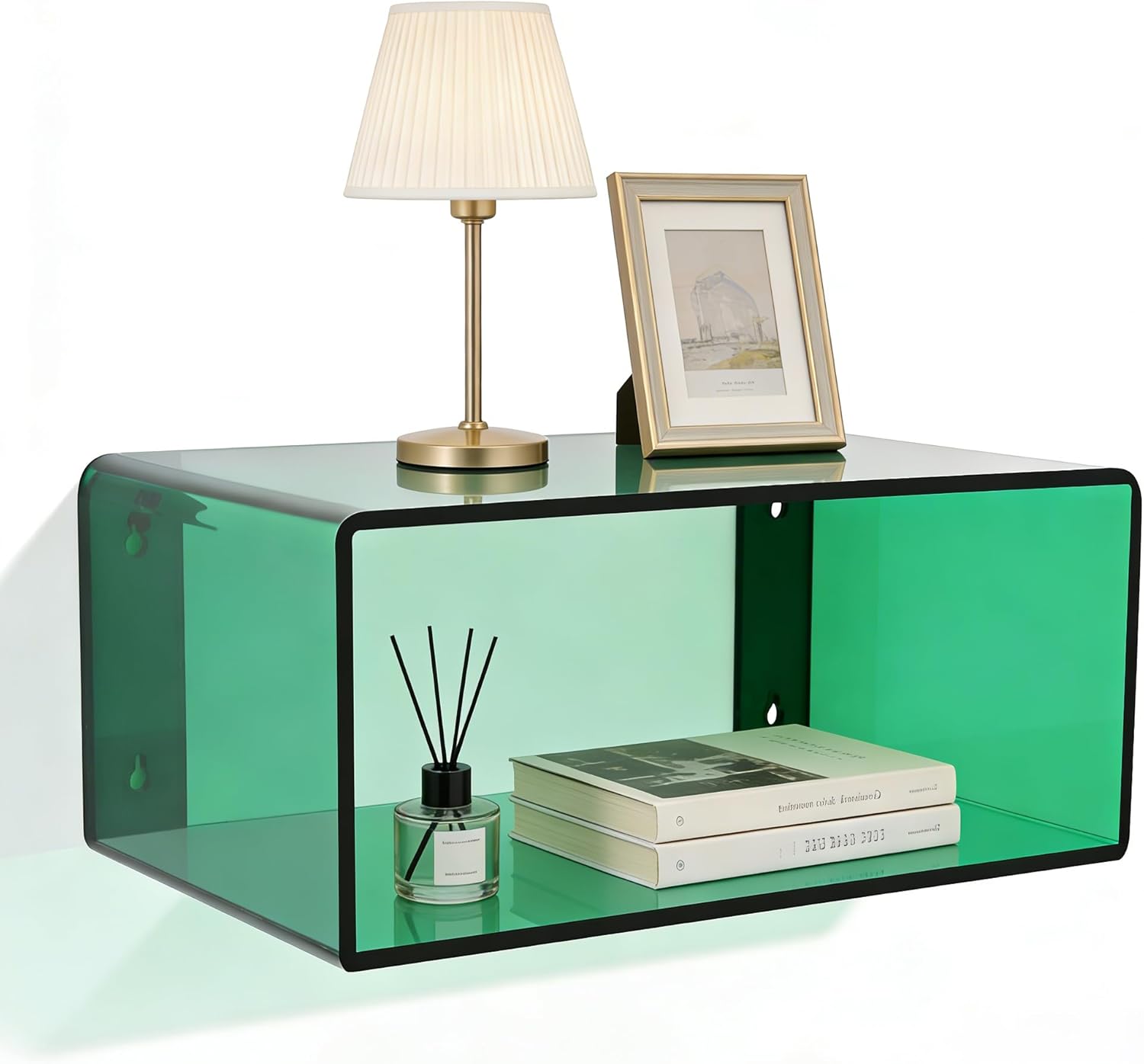 Acrylic Floating Nightstand, Green Wall Mounted Bedside Shelf Holds, Modern Night Stand for Bedroom, Living Room or Bathroom Decor