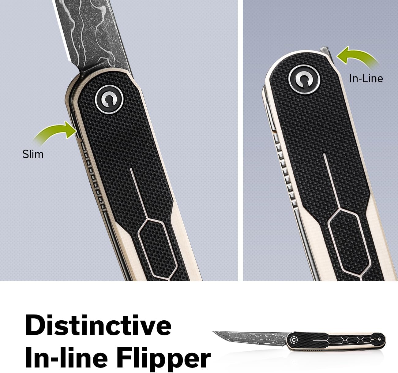 CIVIVI KwaiQ Pocket Knife, Folding Knife with Inline Flipper for EDC, 2.97" Damascus Tanto Blade Two-tone G10 Handle for Women Men C23015-DS1