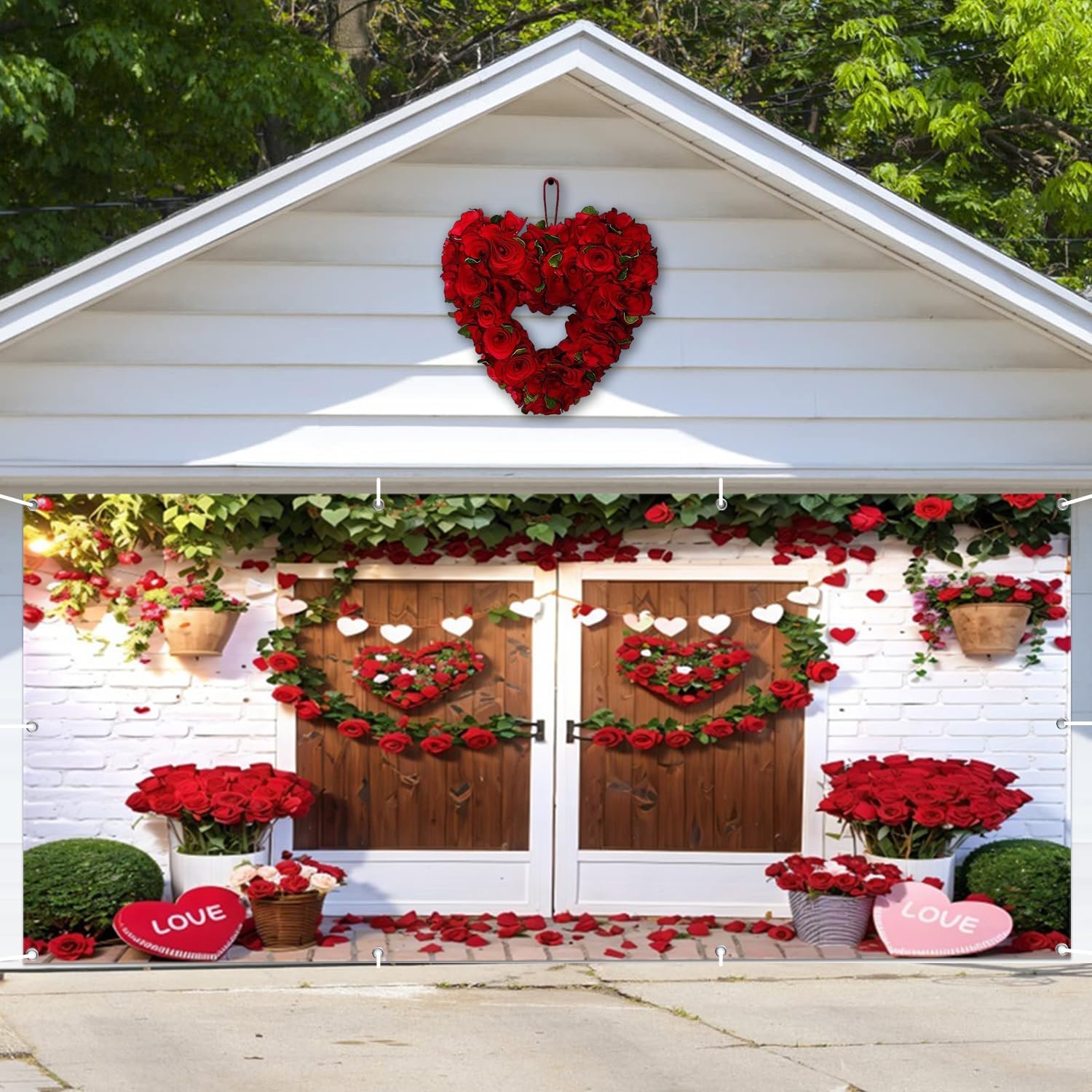 Happy Valentine's Day Garage Door Decorations, Wood Barn Door Valentine's Day Garage Door Banner Valentines Backdrop for Valentines Day Decor Enagement Anniversary Party 7x16