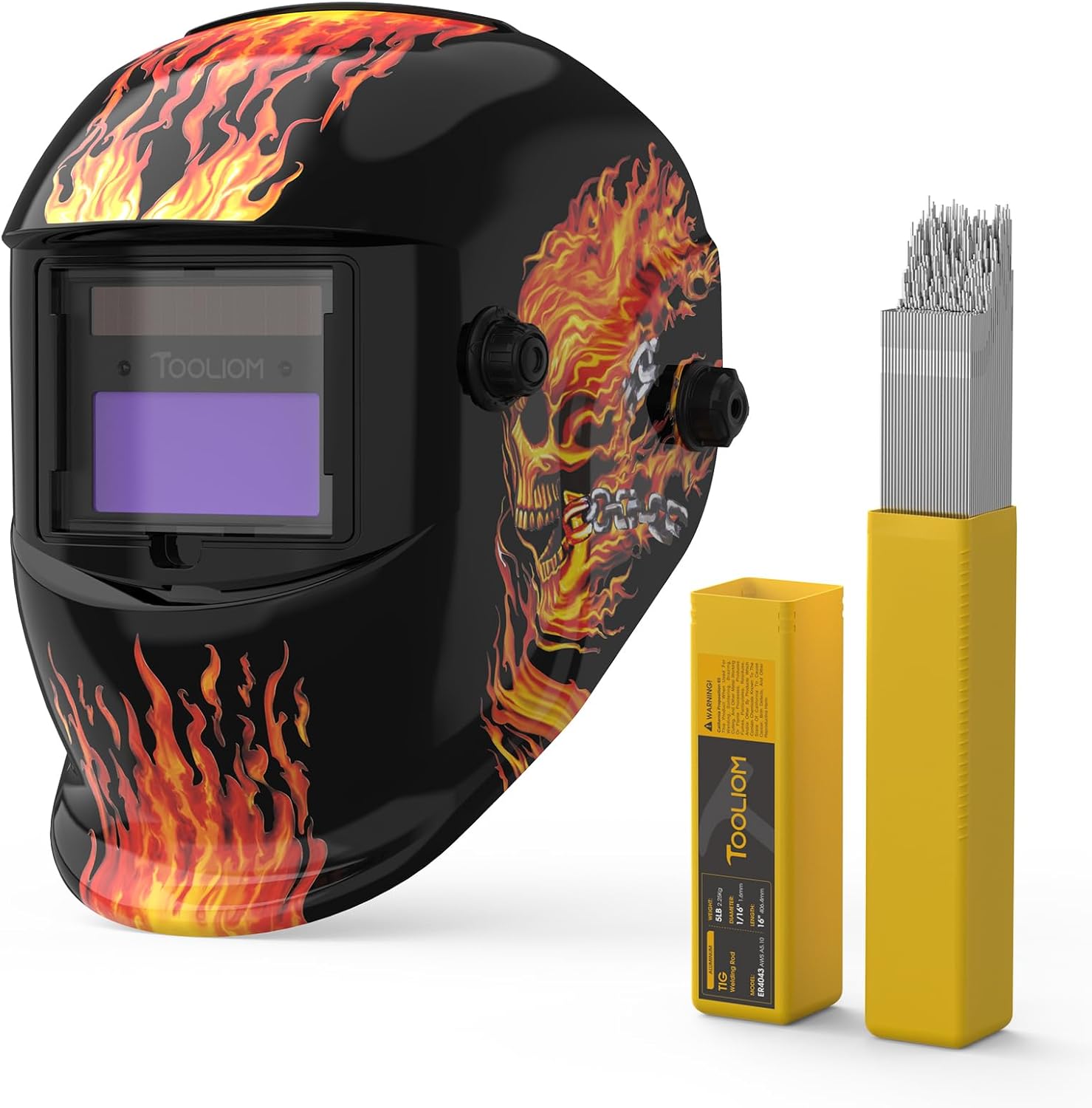 TOOLIOM Auto Darkening Welding Helmet Flaming Skull+ER4043 Welding Wire