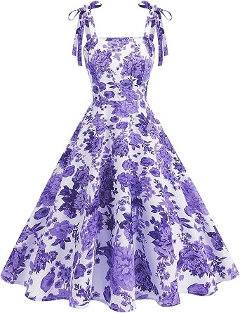 ODIZLI Retro Dresses for Women Tie Knot Floral Midi Swing Cocktail Dresses