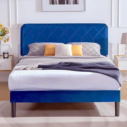 Miniatura 39 de VECELO Base de cama de tamaño matrimonial con plataforma tapizada de terciopelo de alta calidad con cabecera ajustable en altura / base de colchón,
