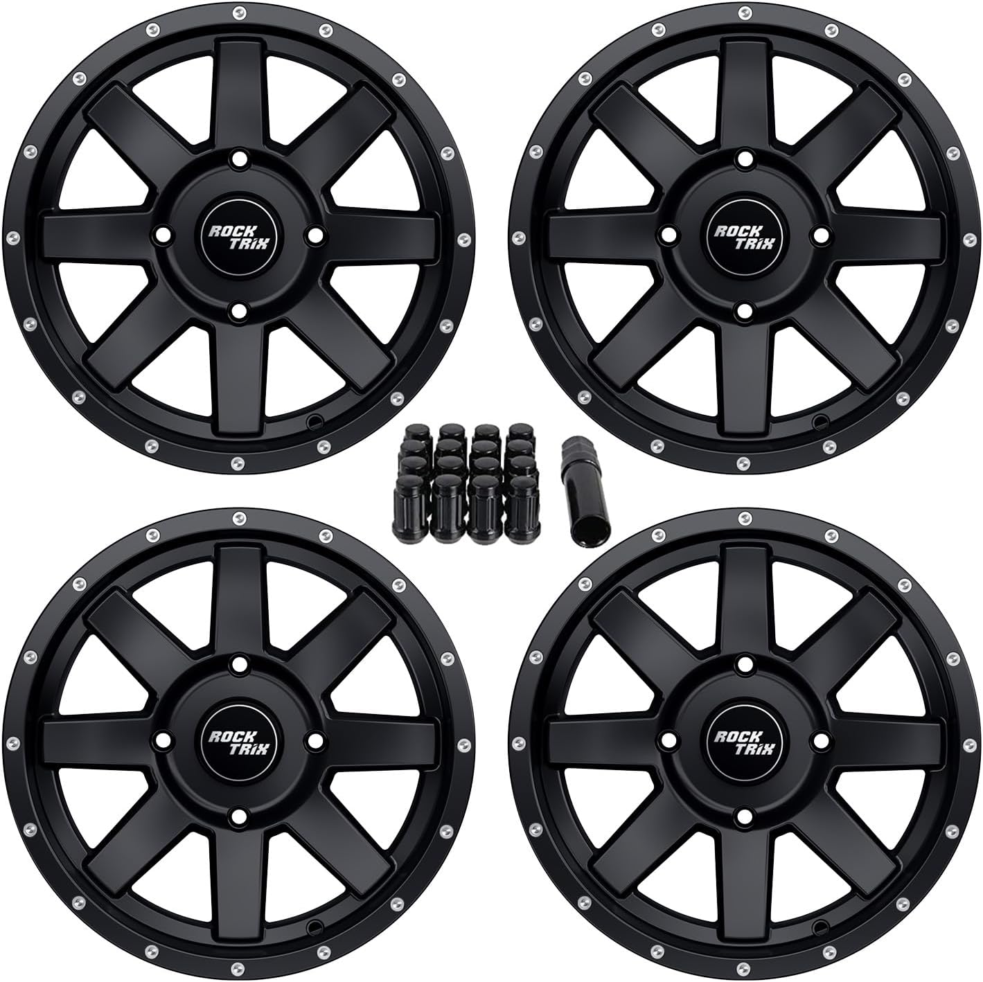 RockTrix RT106 15in ATV Wheels 4x156 Rims, 15x7, 4+3 Offset, Includes 3/8x24 Spline Lug nuts, Compatible with Polaris Ace RZR XP Ranger Crew UTV, 4/156, Set of 4