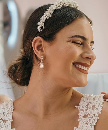 Pearl Drop Dangle Earrings for Women, Pearl Wedding Earrings for Brides Dangling, CZ Bridal Earrings for Wedding Bridesmaids, Prom Jewelry Gifts(Style1-Silver)