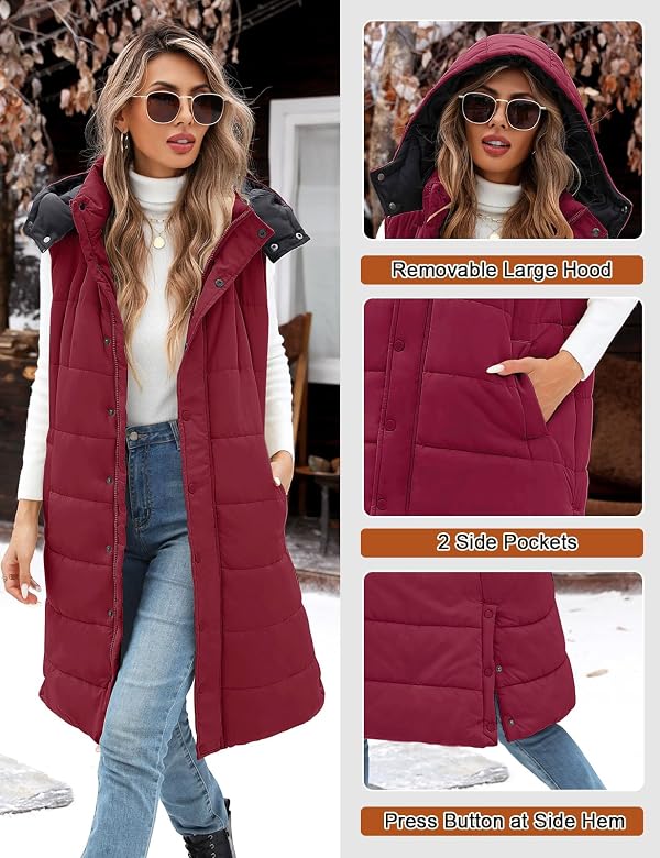 UMIPUBO Women's Long Puffer Vest Sleeveless Jacket Warm Gilet(Wine Red,M) by UMIPUBO - Used condition - Image 3