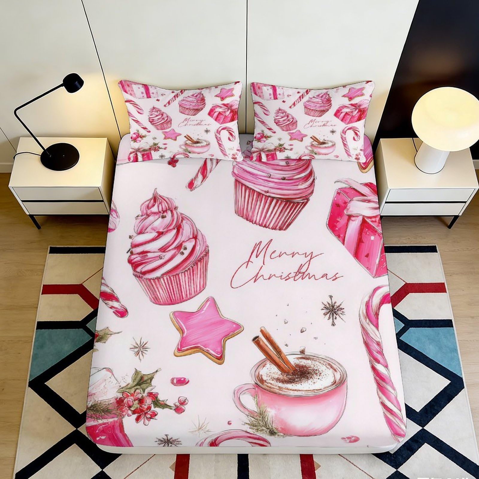 3D Printed Pink Cupcake Fitted Sheet Microfiber Sweet Christmas Bed Cover for Bedroom Guest Room Dorm Mattress Protection 90x200x25cm