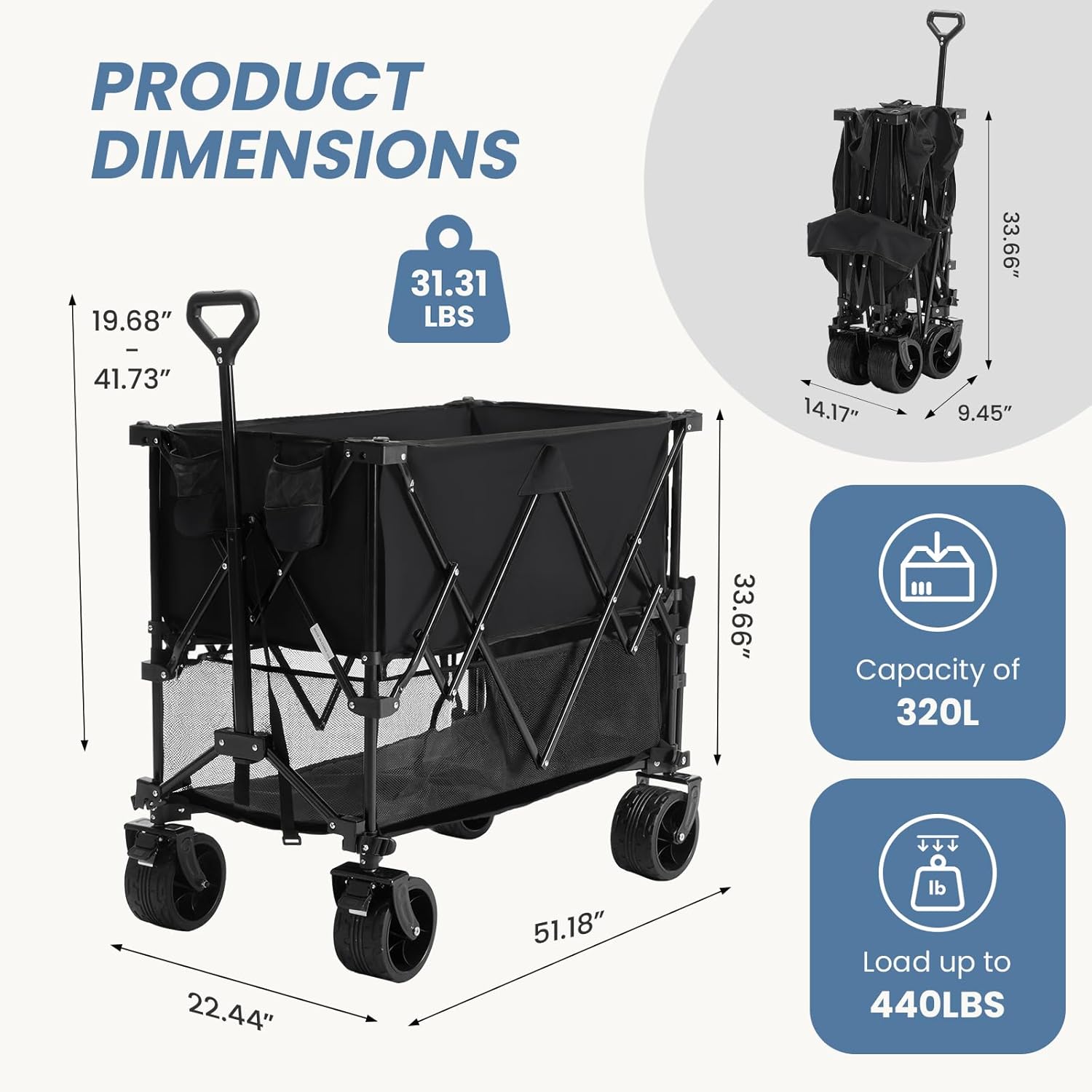 NEWBULIG Large Capacity Folding Double Decker Wagon with Brakes, 440lbs Wagons Carts Foldable Wagon Cart with Flexible Handle, All-Terrain Big Wheels for Grocery Sports Garden Camping