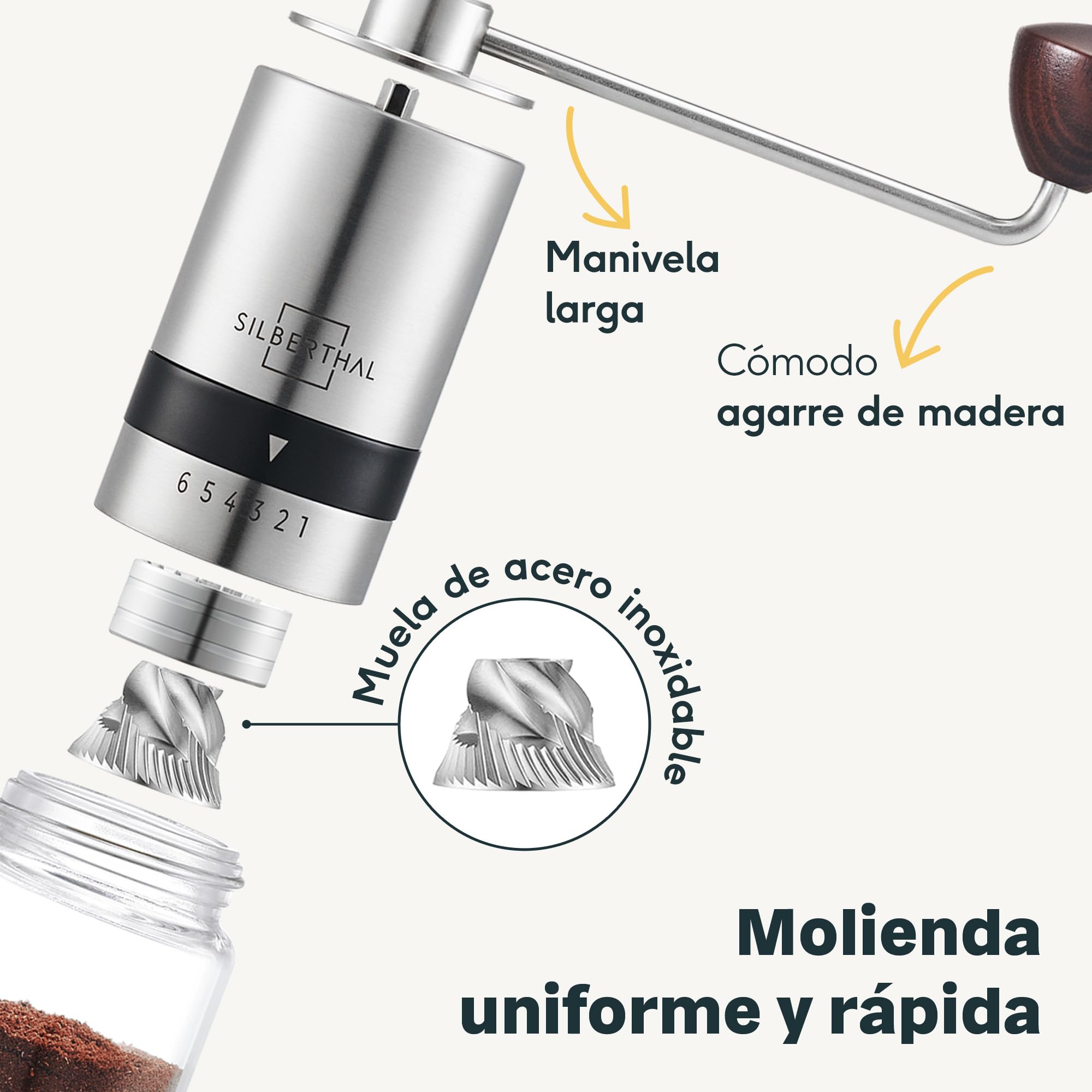 SILBERTHAL Set molinillo, cafetera francesa 1L y tarro - Inox y cristal | 6 niveles de molido - Acero inoxidable y cristal - Ideal para los amantes del café - Disfruta del café como un barista