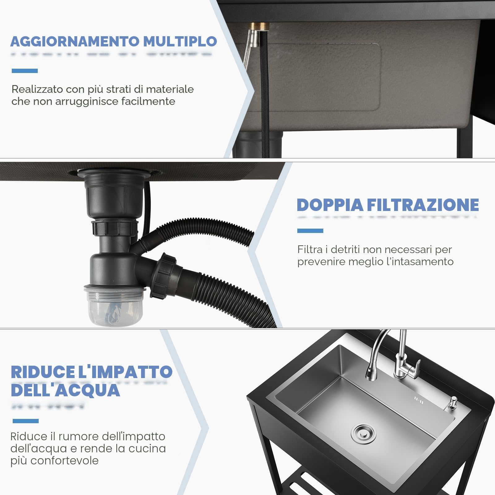 Lavandino autoportante in acciaio inox per esterni, lavello da cucina con scolapiatti e rubinetto estraibile e tubi dell'acqua calda e fredda, Kitchen Sink lavandino a mano per cucina, garage