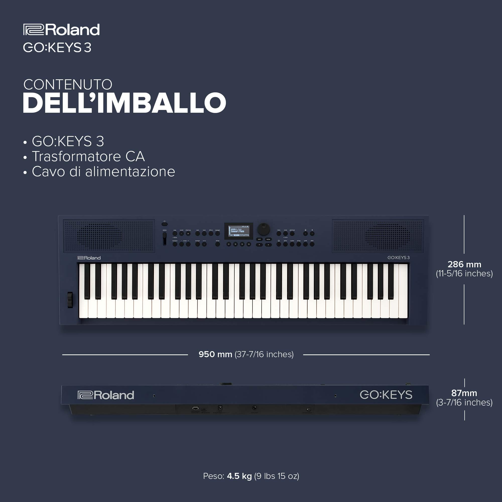 Roland GO:KEYS 3 Music Creation Keyboard | Tastiera a 61 Note | Generatore ZEN-Core con Oltre 1.000 Suoni Integrati | Diffusori Stereo Incorporati | Supporto di Audio/MIDI Bluetooth – Midnight Blue