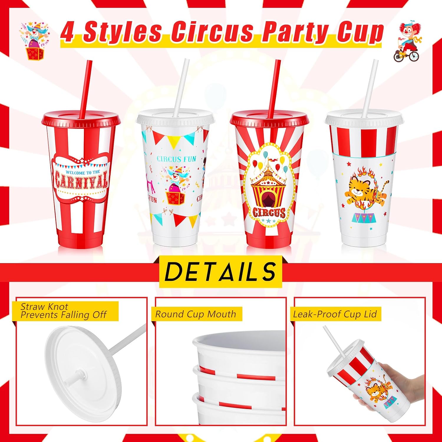 Uiifan 12 Pcs Circus Carnival Party Plastic Cups with Lid and Straw 24oz Reusable Tumbler Carnival Theme Decorations for Circus Birthday Party Favors