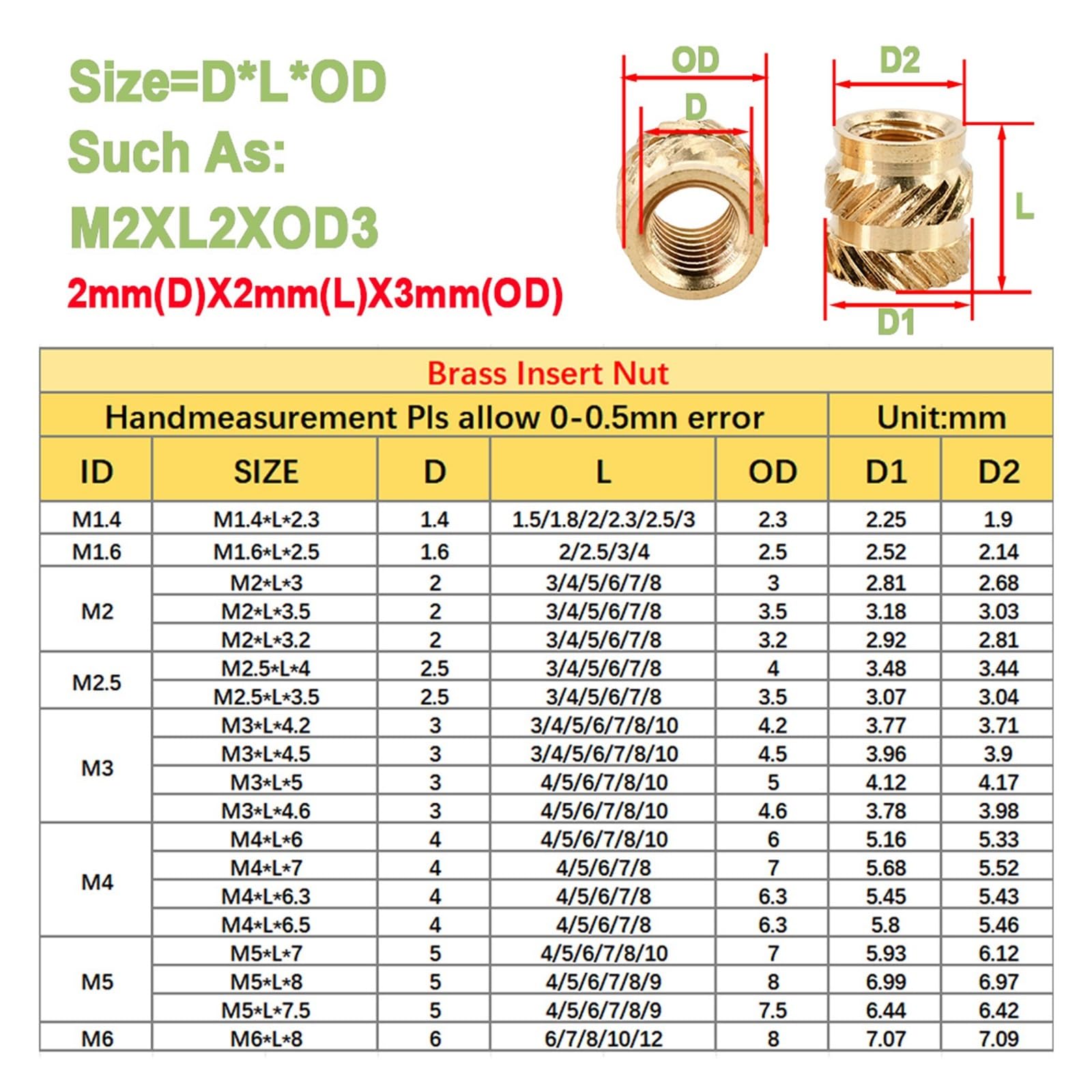 Insertos térmicos roscados, Insertos de rosca termofijados latón for impresión 3D, moleteados, dorados, varios tamaños, paquete 200(M6x5x8)